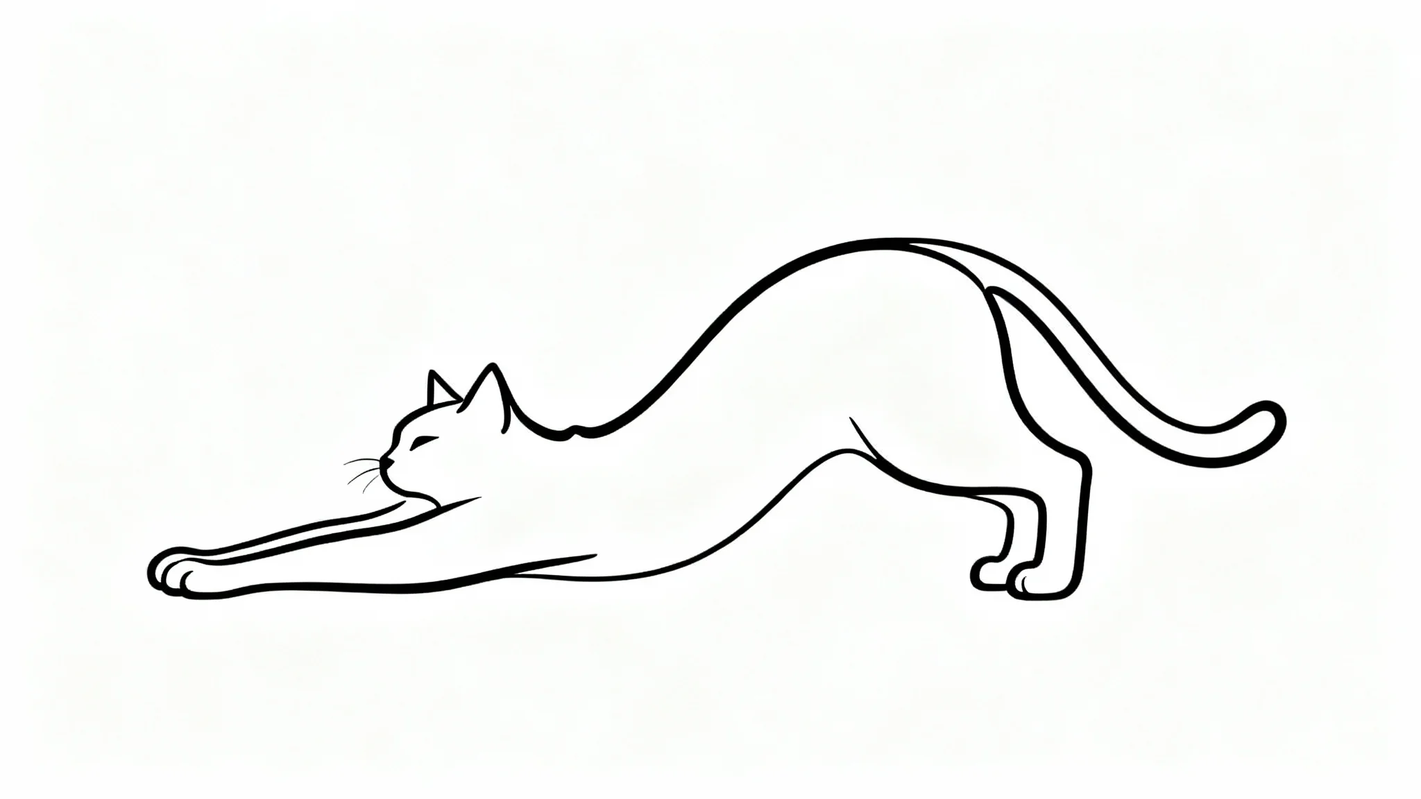 A minimalist continuous line drawing of a cat stretching, created with a single, unbroken black line on a plain white background.