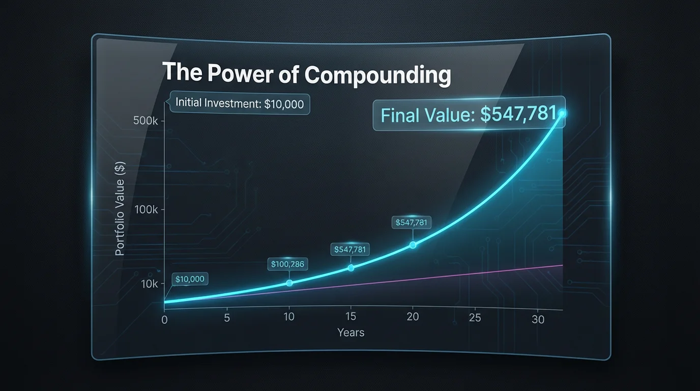 A modern, dark-themed chart visualizing compound interest over 30 years. A glowing blue line shows exponential growth, contrasting with a flatter purple line, on a graph with years on the x-axis and dollar value on the y-axis. The title reads 'The Power of Compounding'.