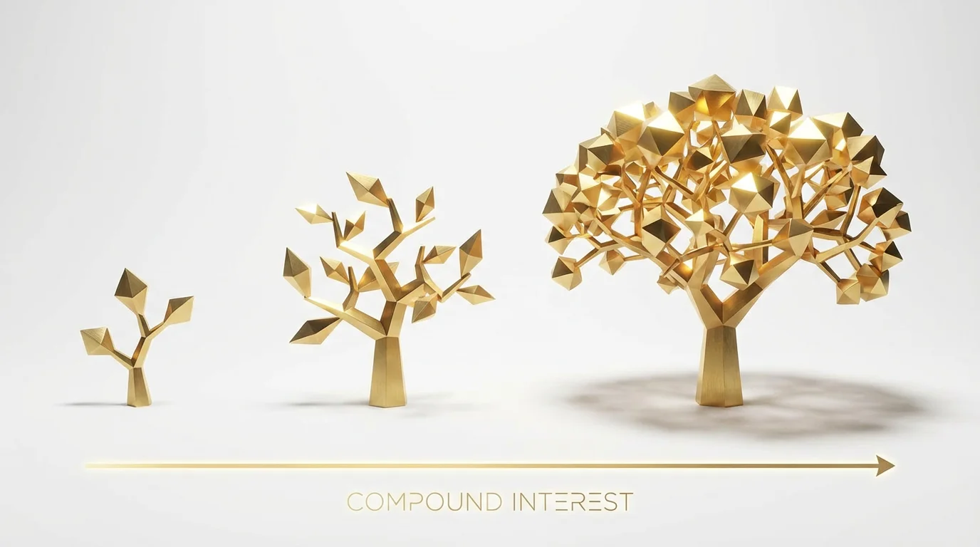 An abstract visualization of compound interest, showing three golden trees in a row, each progressively larger and more complex than the last, symbolizing exponential growth against a clean white background.