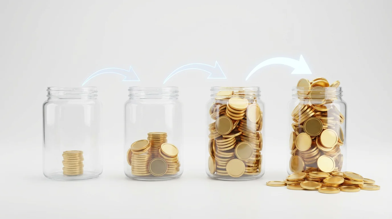 A visual representation of compound interest, showing four glass jars in a row on a white background. The amount of golden coins in each jar increases exponentially from left to right, with the first jar having a few coins and the last jar overflowing.