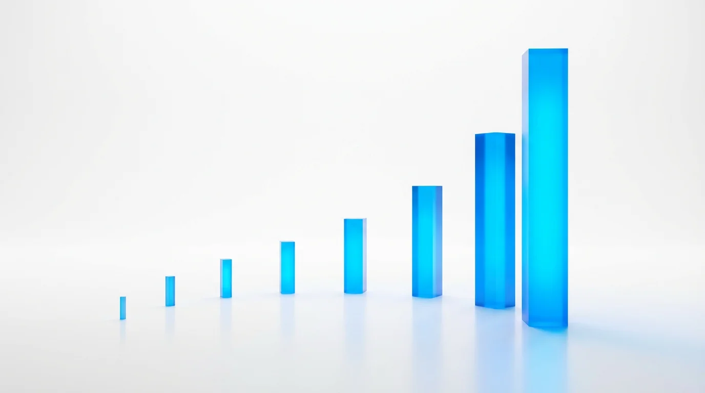 A conceptual visualization of compound interest, shown as a series of glowing blue bars on a white background. The bars start small on the left and grow exponentially taller to the right, illustrating accelerated growth.