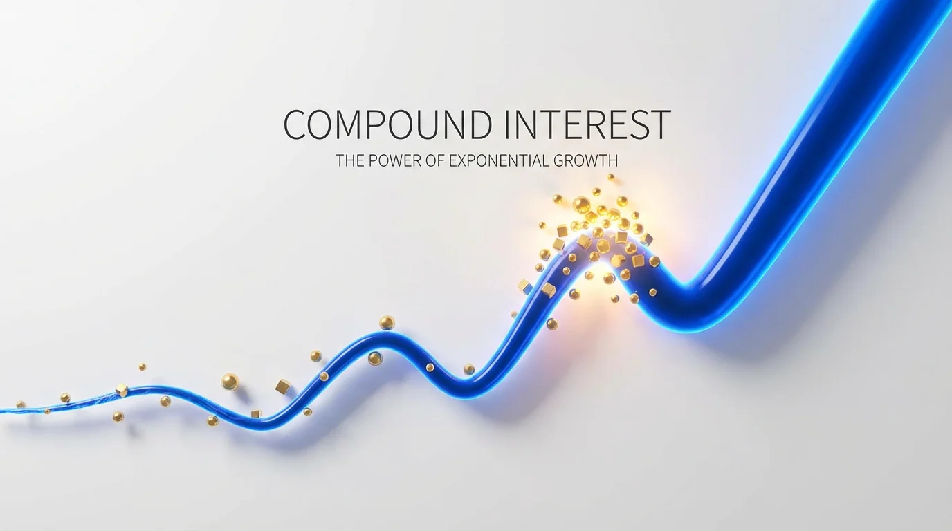 A 3D visualization of compound interest, featuring a glowing blue line graph that curves exponentially upward on a white background, with a small number of gold spheres at the start and a large cascade of them at the end, representing growth.