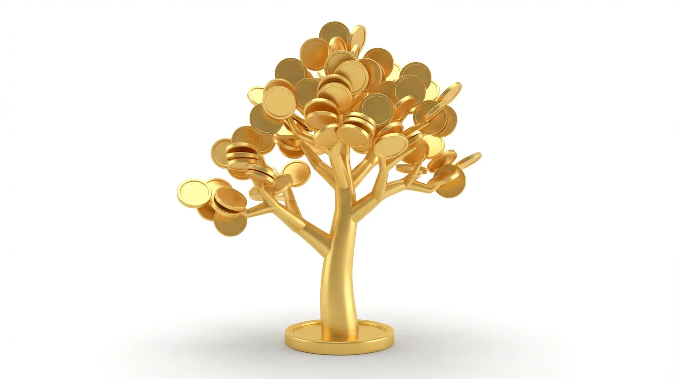 An illustration of a small tree growing, symbolizing compound interest. A single gold coin is at its base, and the tree's leaves are replaced by many more gold coins, showing growth from a small start.