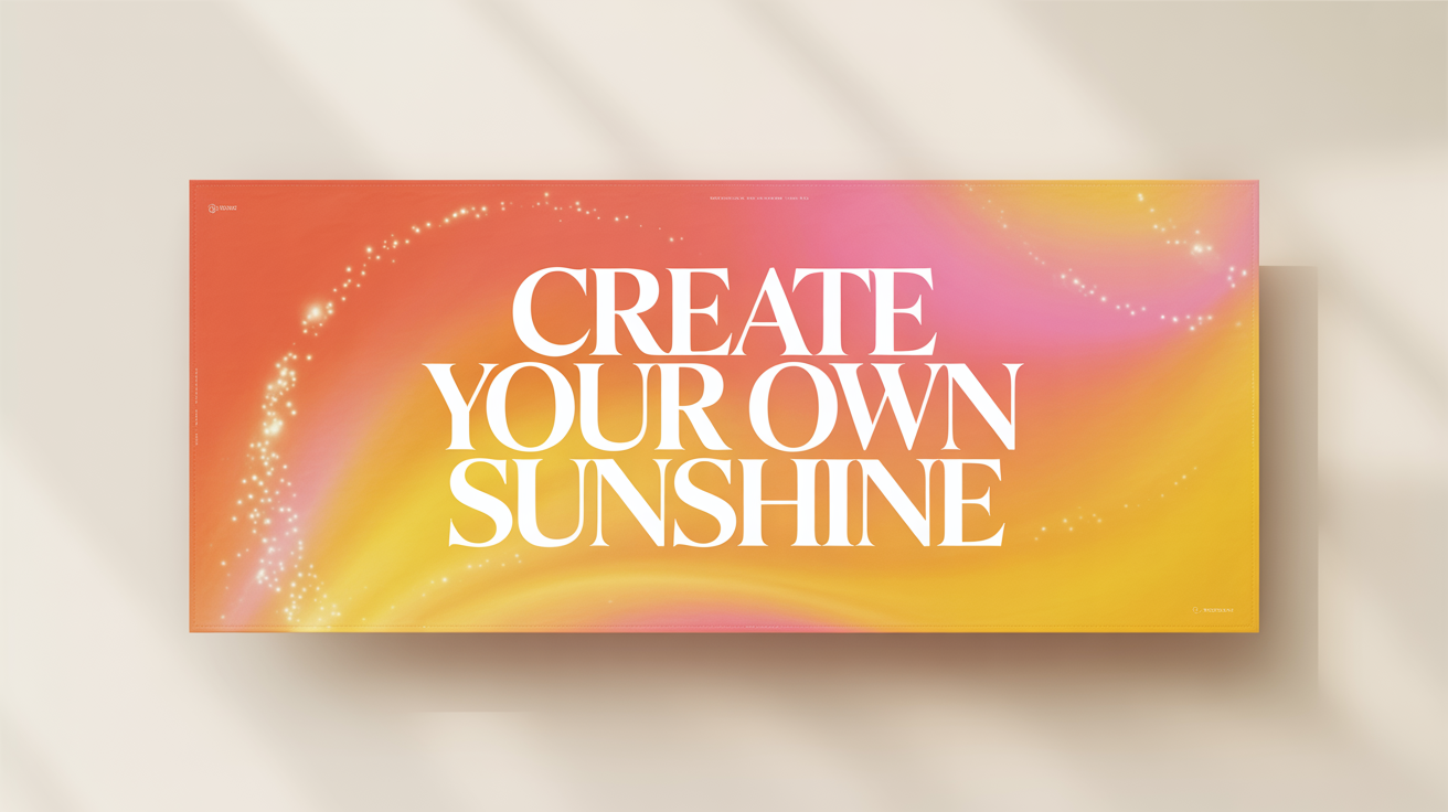 A vibrant quote banner with a pink and yellow gradient background, featuring the text 'CREATE YOUR OWN SUNSHINE' in a bold white font, presented as a mockup on a white background.