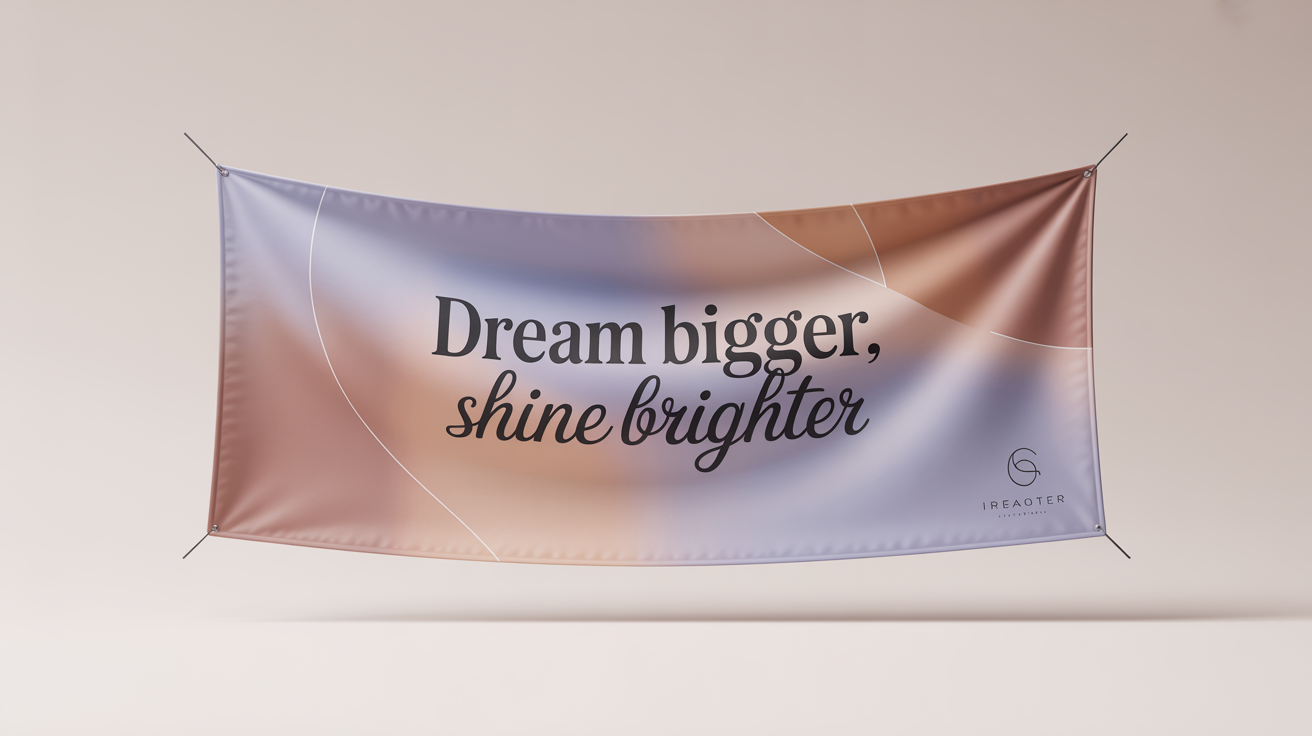 A mockup of a horizontal quote banner on a white background, featuring the inspirational quote 'Dream Bigger, Shine Brighter' in elegant typography against a soft pastel abstract design.
