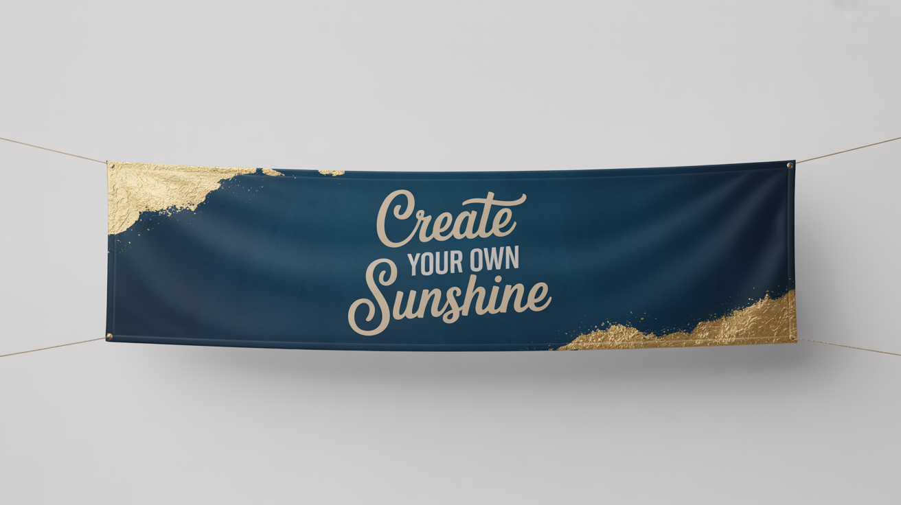 A professionally designed quote banner mockup featuring the text 'Create Your Own Sunshine' in elegant gold and white fonts on a navy blue background, presented against a plain white backdrop.