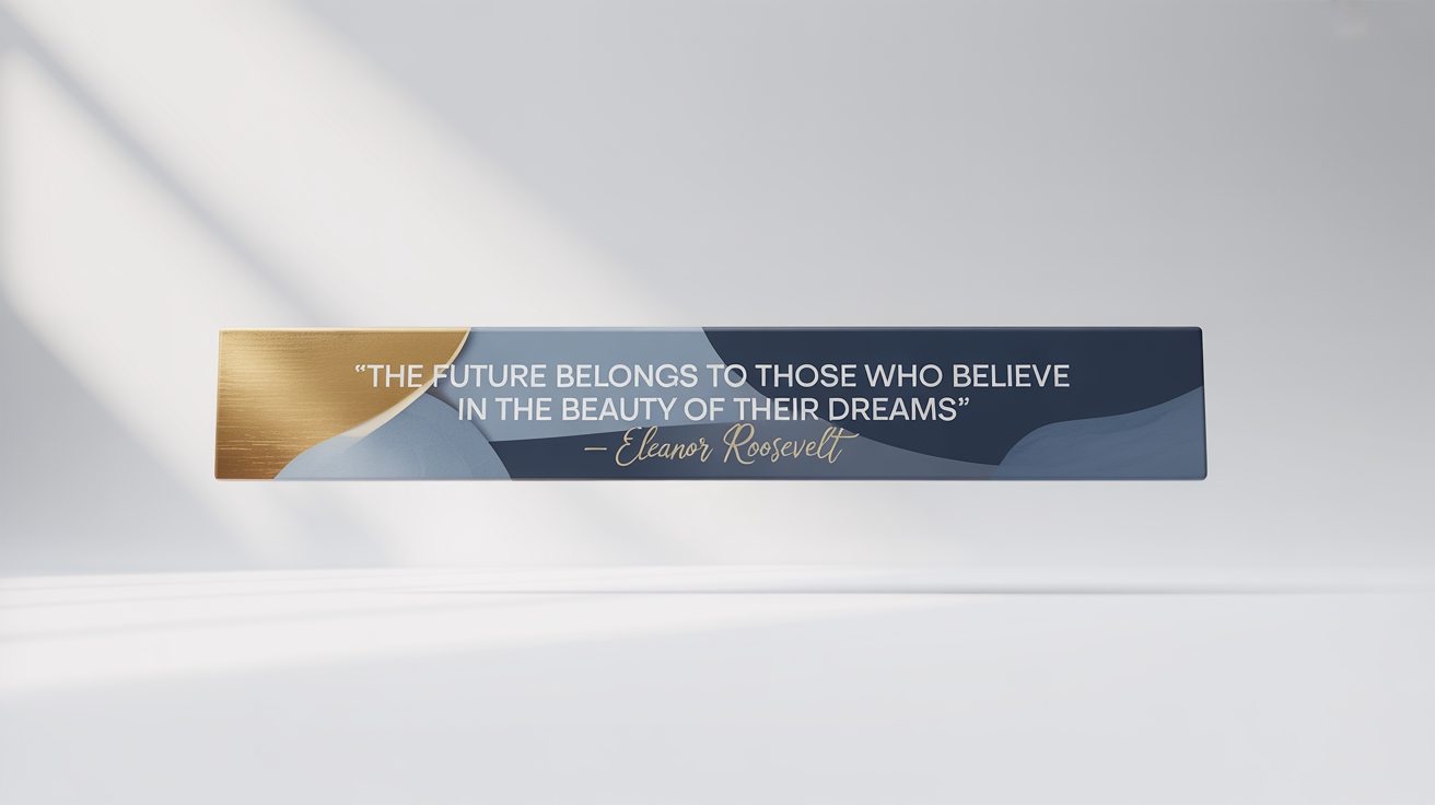 A mockup of a professional, horizontal quote banner on a white background. The banner has a navy blue and gold design and features the inspirational quote, 'THE FUTURE BELONGS TO THOSE WHO BELIEVE IN THE BEAUTY OF THEIR DREAMS' attributed to 'ELEANOR ROOSEVELT'.