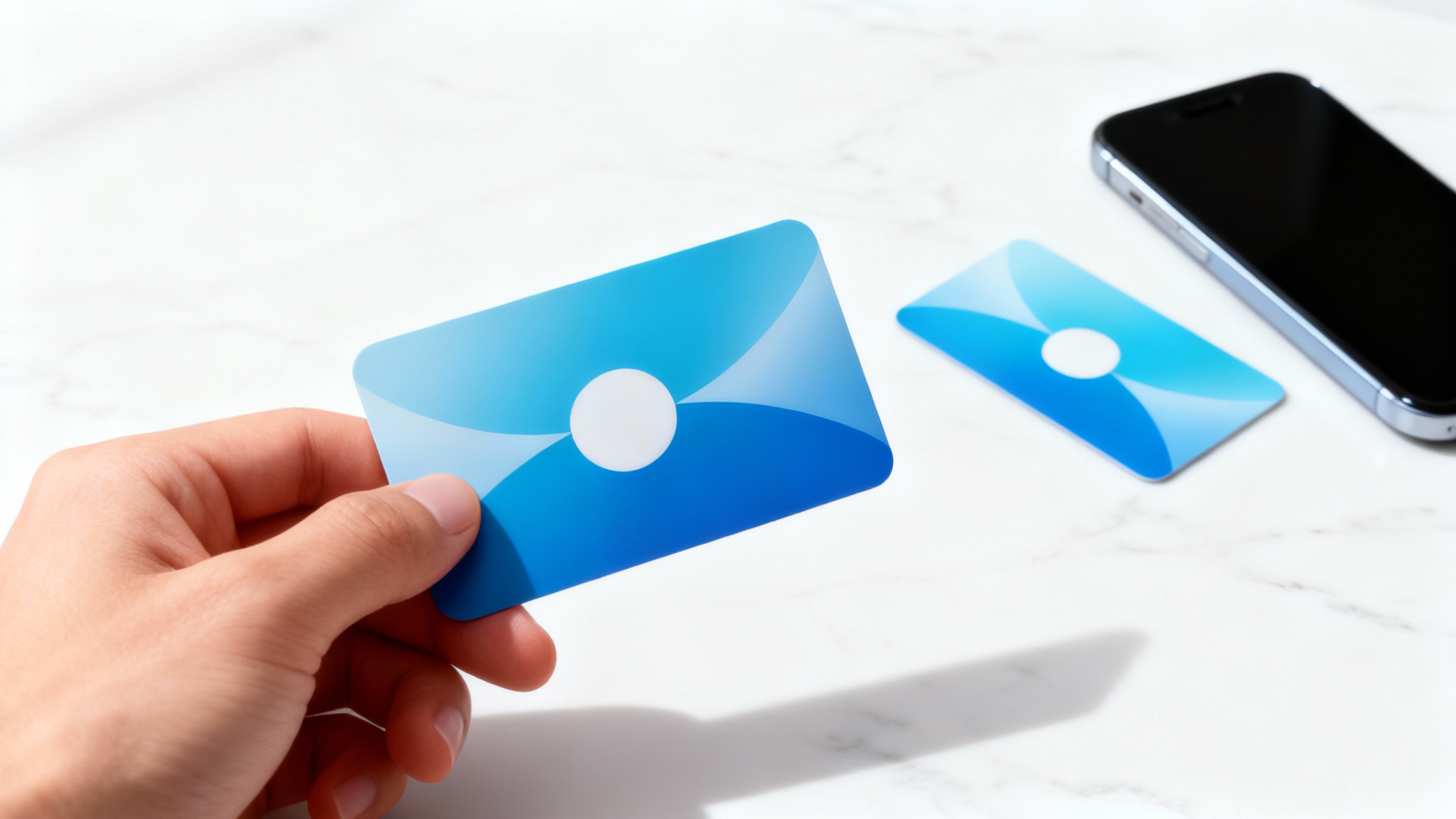 A professionally designed credit card with a blue gradient shown in a hero mockup. In one view, it's held by a hand, and in another, it rests on a marble desk.