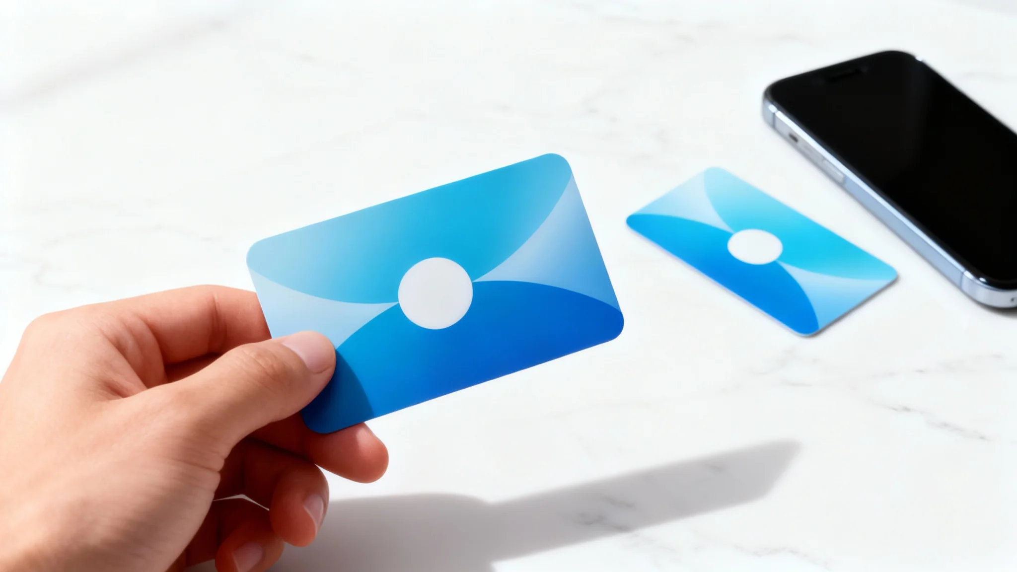 A professionally designed credit card with a blue gradient shown in a hero mockup. In one view, it's held by a hand, and in another, it rests on a marble desk.