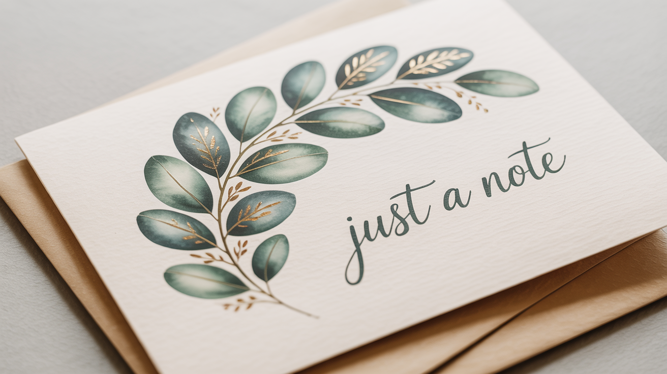 A realistic mockup of a minimalist greeting card with a watercolor botanical sprig and the words 'Just a note', shown with its envelope against a plain white background.