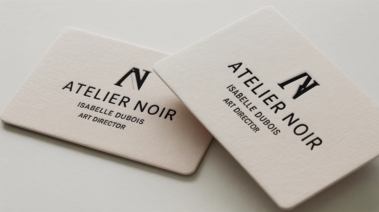 A photorealistic mockup of two elegant, off-white business cards for 'Atelier Noir' displayed on a white background, featuring the name 'Isabelle Dubois'.