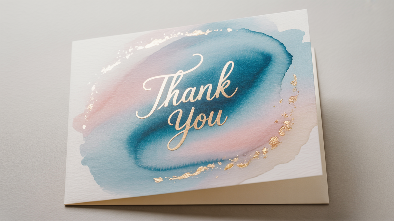 A photorealistic mockup of a professional business card for 'Helio Design' and an elegant 'Thank You' greeting card with a watercolor design, both displayed on a clean white background.