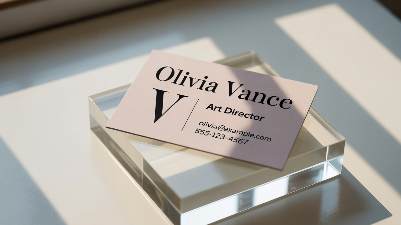 A photorealistic mockup of a single, elegant business card for an Art Director named Olivia Vance, displayed on a clean white background.