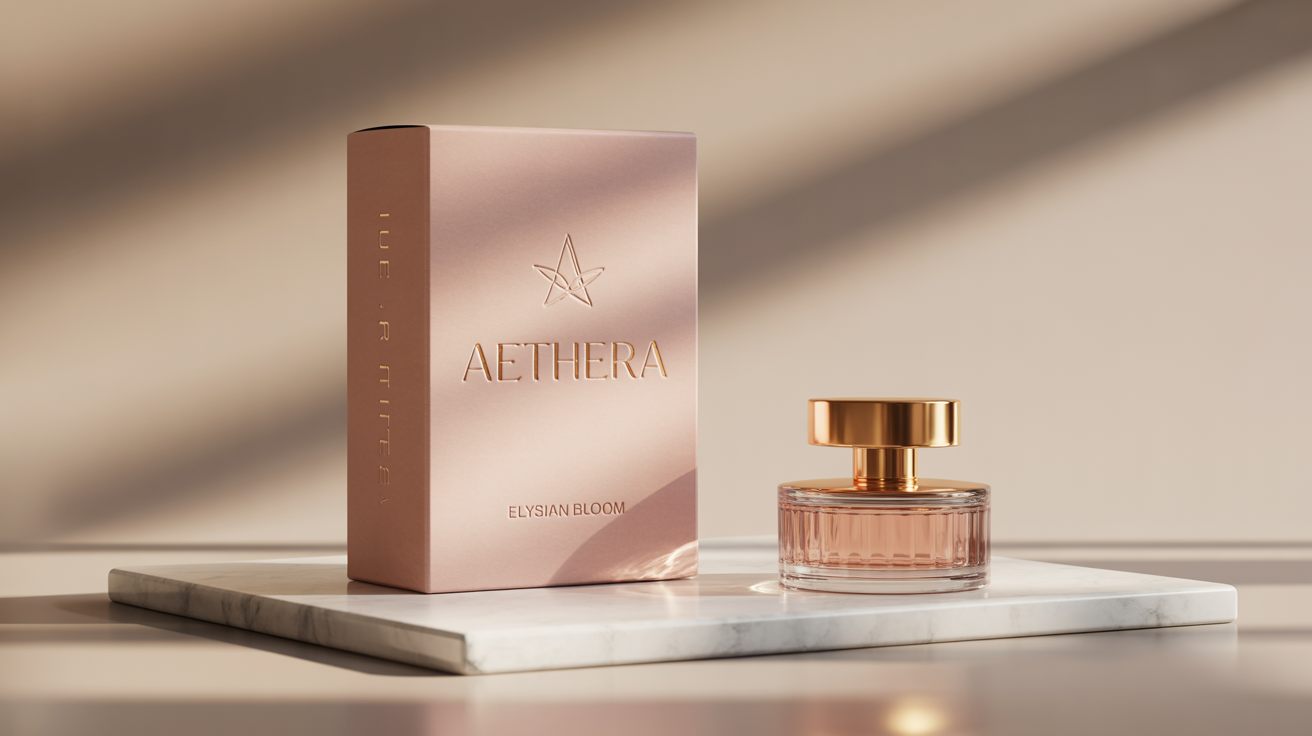 A luxurious, photorealistic mockup of a blush pink perfume box with gold foil lettering reading 'AETHERA' and 'Elysian Bloom', displayed next to its bottle on a white marble surface.