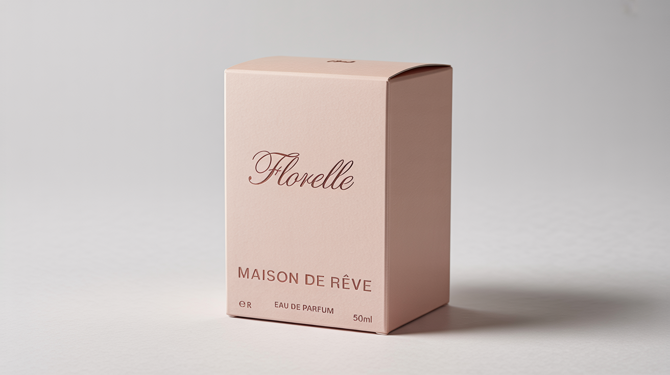 A luxurious blush pink perfume box mockup for 'FLORELLE' by 'Maison de Rêve', featuring rose gold embossed text on a clean white background.