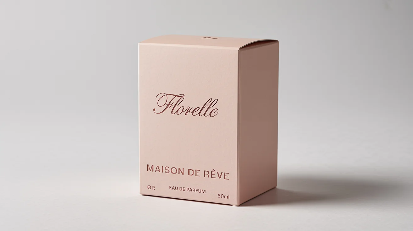 A luxurious blush pink perfume box mockup for 'FLORELLE' by 'Maison de Rêve', featuring rose gold embossed text on a clean white background.