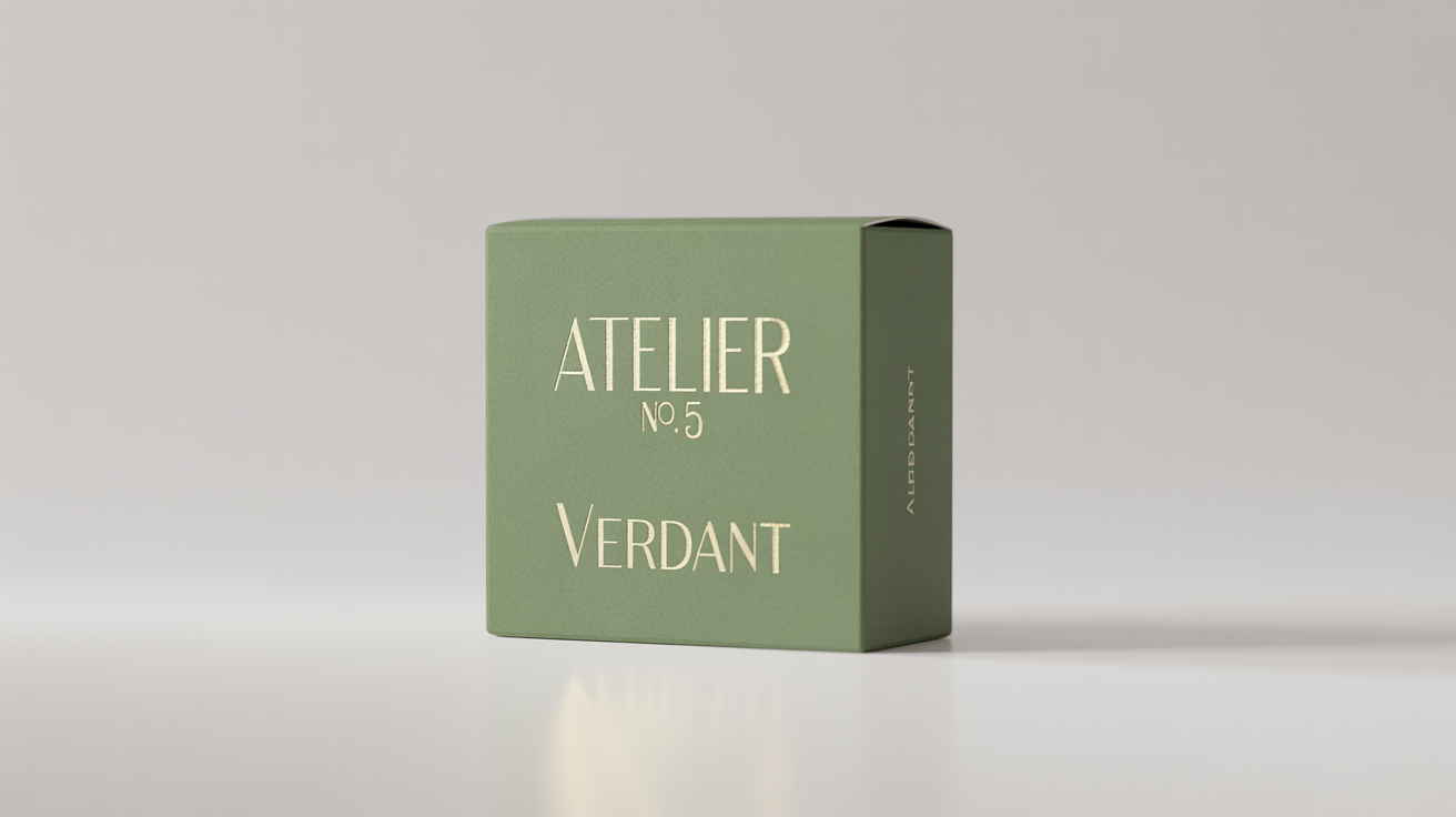A photorealistic mockup of a sage green, matte-finish perfume box with gold foil text reading 'Atelier No. 5' and 'VERDANT', standing on a clean white background.