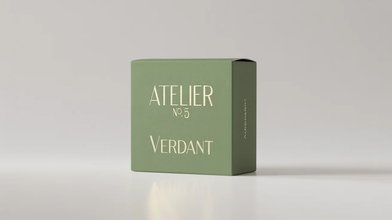A photorealistic mockup of a sage green, matte-finish perfume box with gold foil text reading 'Atelier No. 5' and 'VERDANT', standing on a clean white background.