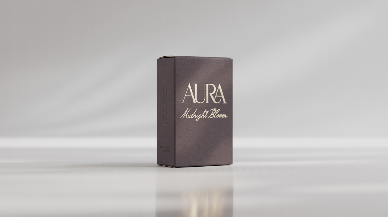 A photorealistic mockup of a sophisticated, dark charcoal perfume box with 'AURA' and 'Midnight Bloom' printed in elegant gold foil, set against a clean white background.