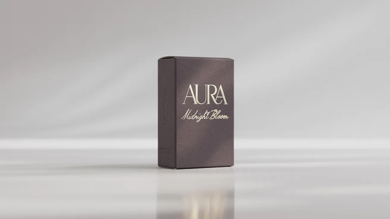 A photorealistic mockup of a sophisticated, dark charcoal perfume box with 'AURA' and 'Midnight Bloom' printed in elegant gold foil, set against a clean white background.
