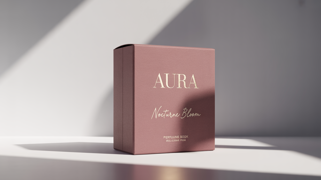 A photorealistic mockup of a single, luxurious dusty rose perfume box with the brand name 'AURA' and the perfume name 'Nocturne Bloom' in elegant gold foil lettering, set against a clean white background.
