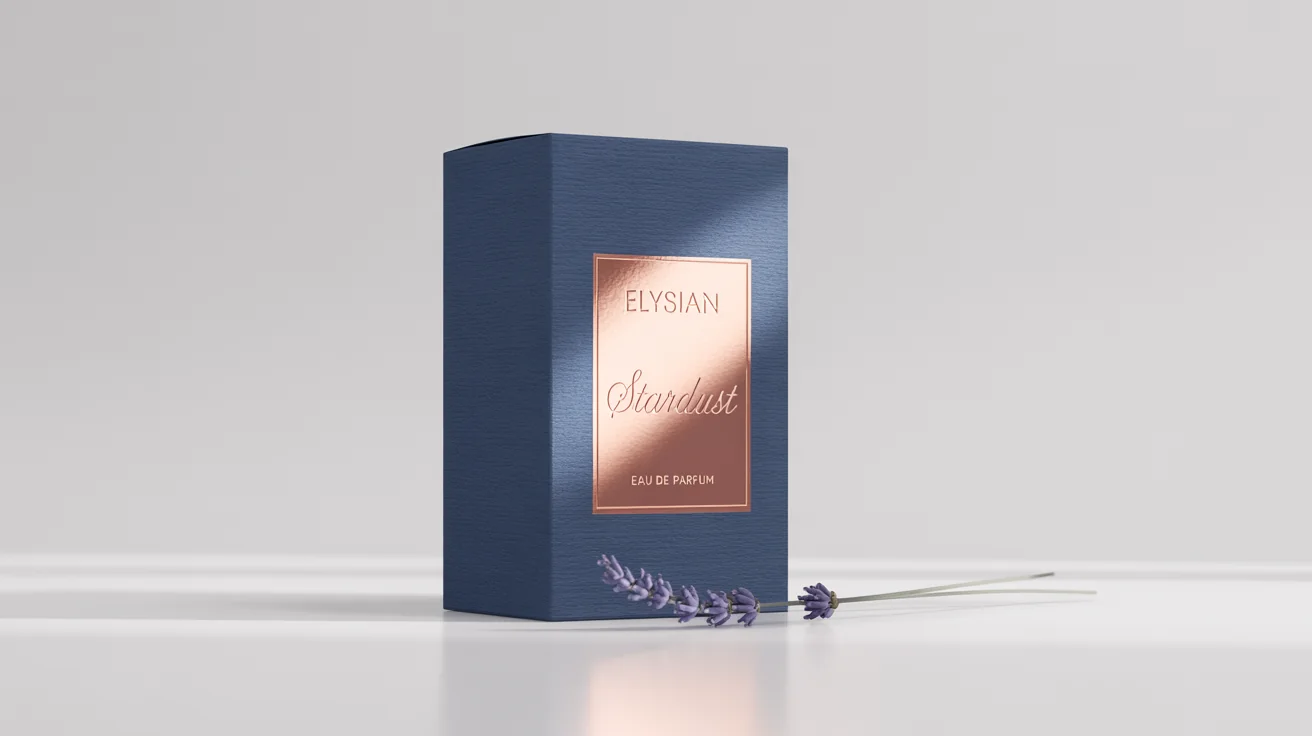 A luxurious navy blue perfume box mockup with 'Elysian Stardust' in rose gold foil lettering, standing on a clean white background.