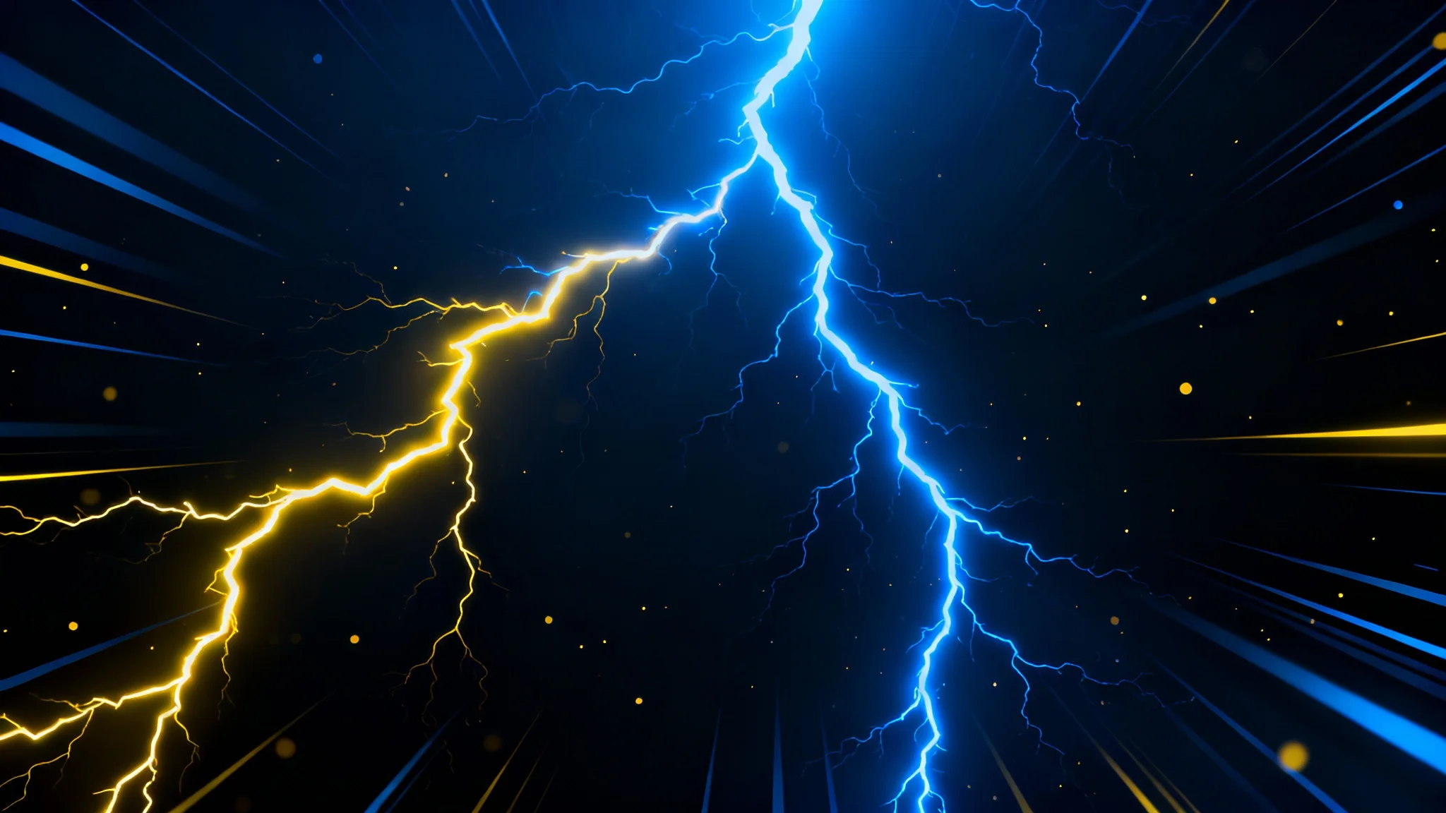 A dramatic, modern background design featuring bright, glowing lightning bolts in electric blue and yellow against a dark indigo backdrop, conveying a sense of energy and power.