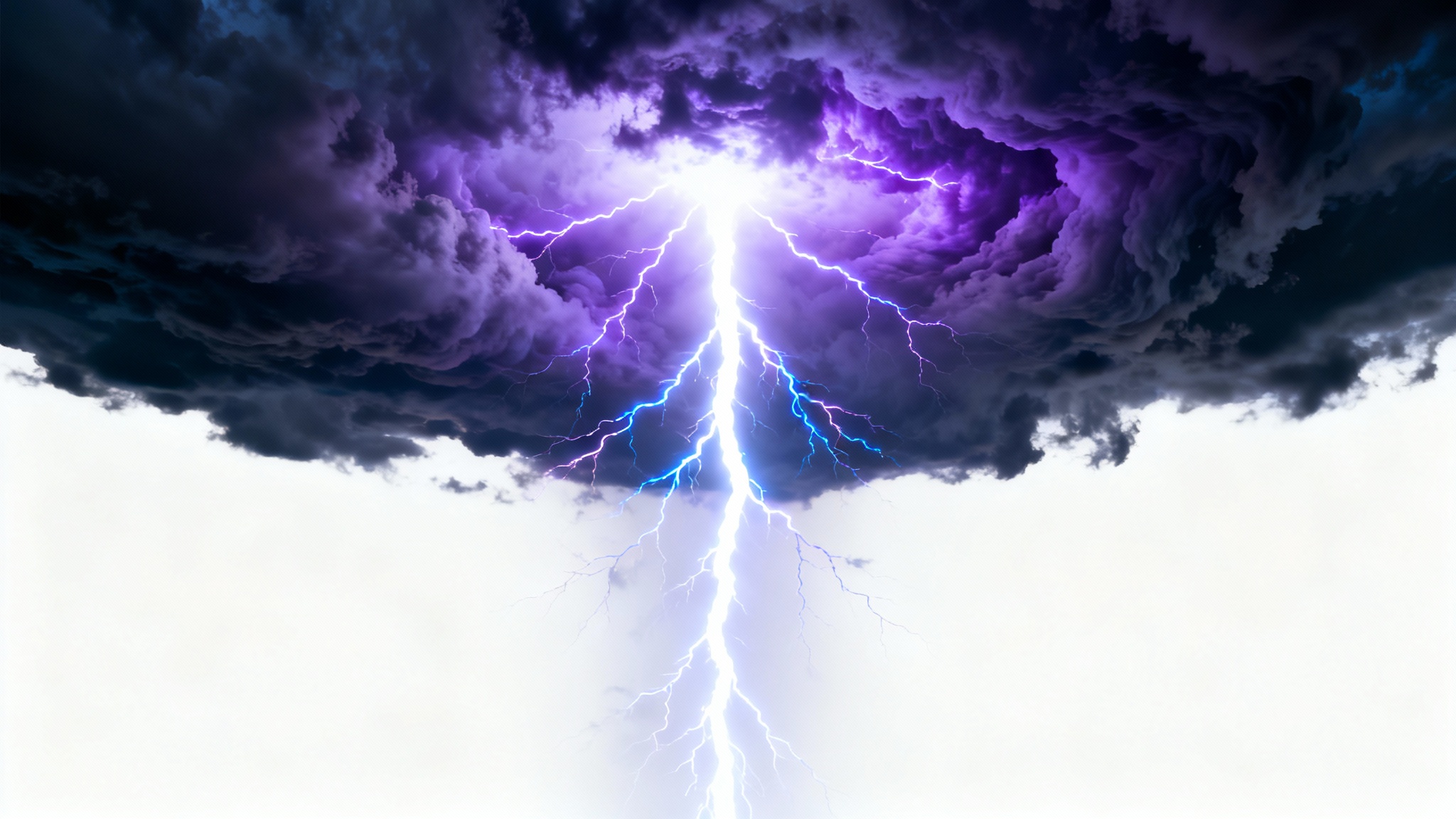 A dramatic, photorealistic background image of a massive white and purple lightning bolt striking through a dark and turbulent storm cloud-filled sky.