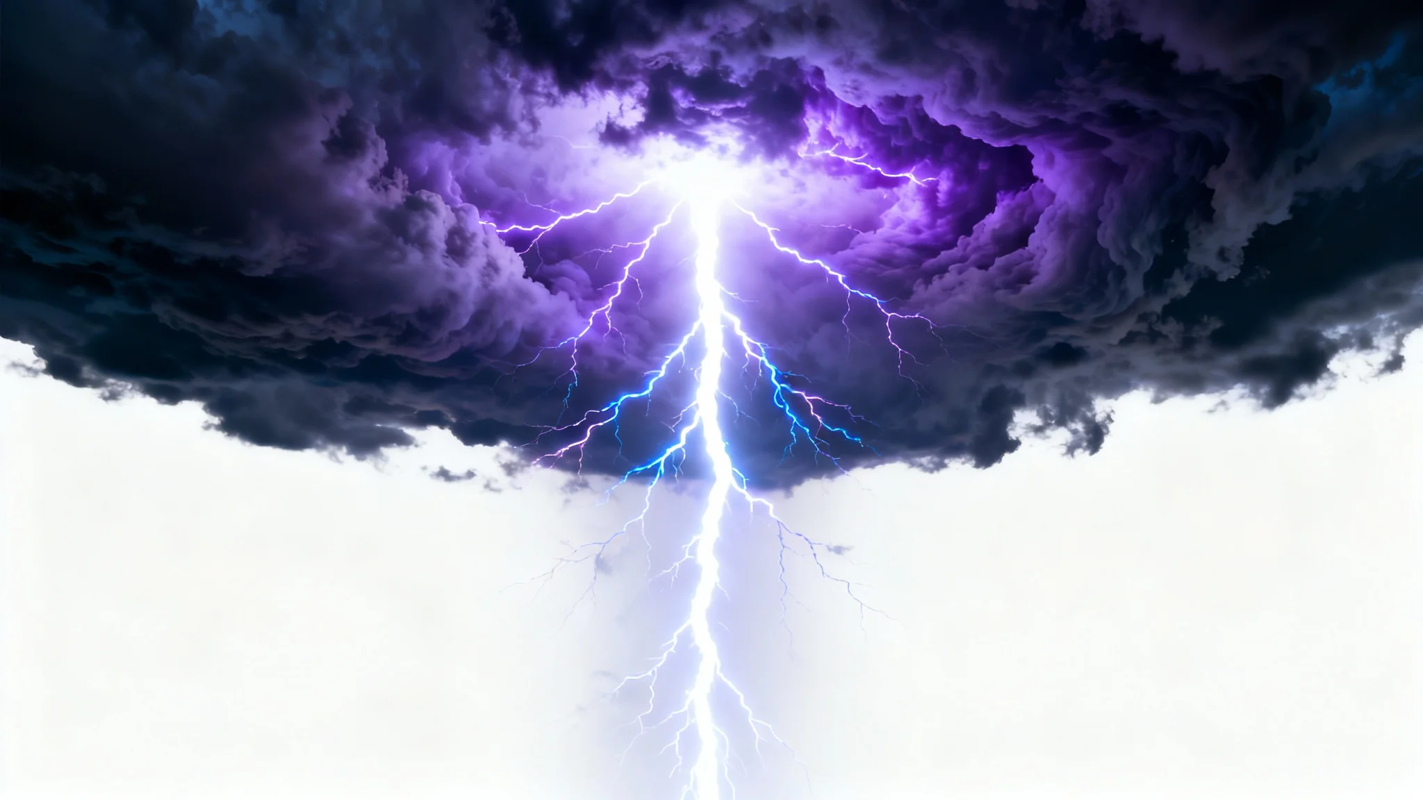 A dramatic, photorealistic background image of a massive white and purple lightning bolt striking through a dark and turbulent storm cloud-filled sky.