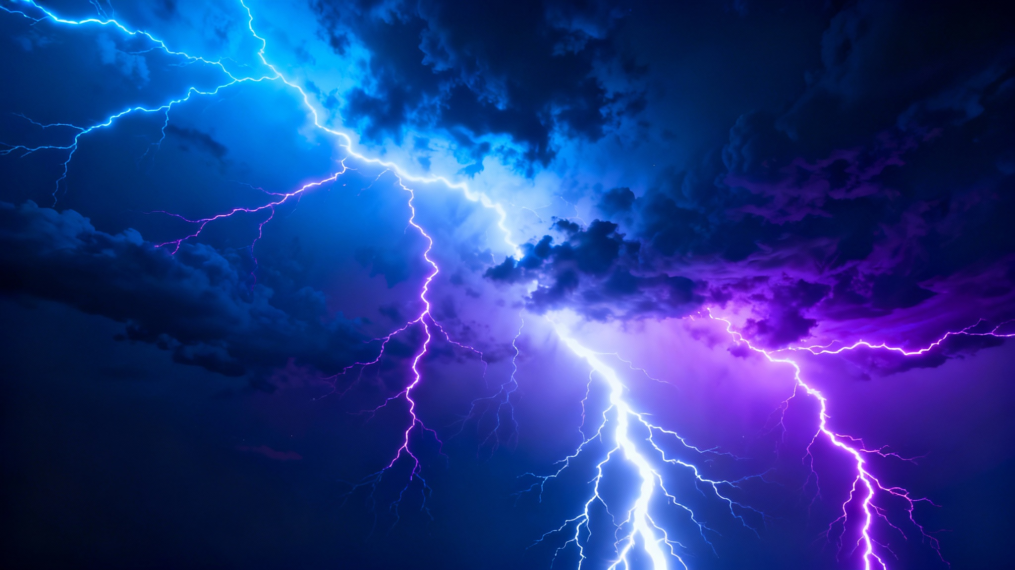 A dramatic digital background filled with bright, jagged lightning bolts in shades of electric blue and purple against a dark, moody sky.