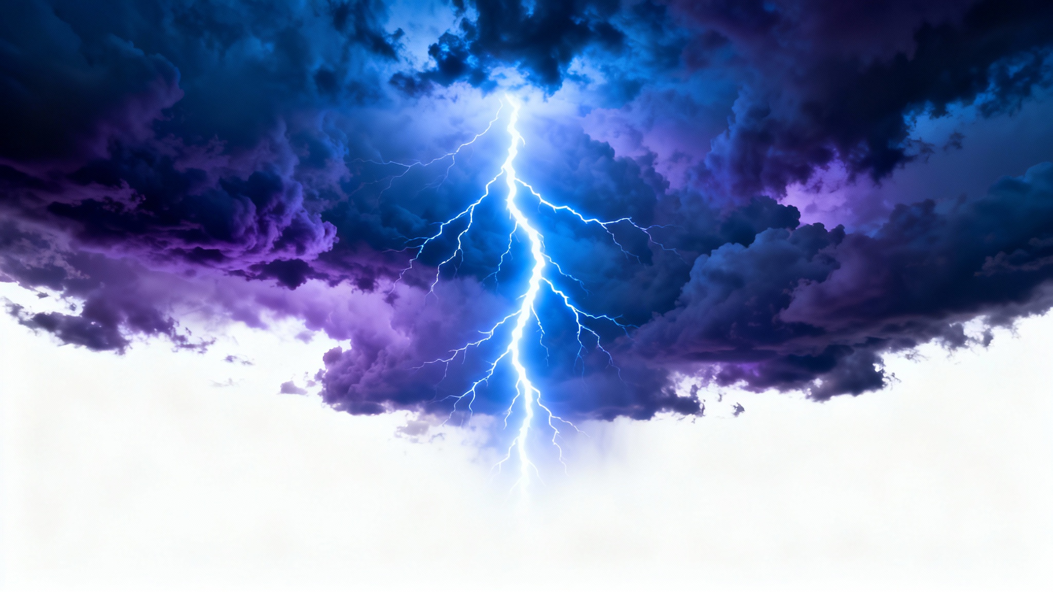 A dramatic digital background featuring a powerful, glowing blue and white lightning bolt striking through a dark, purple and indigo storm-filled sky.