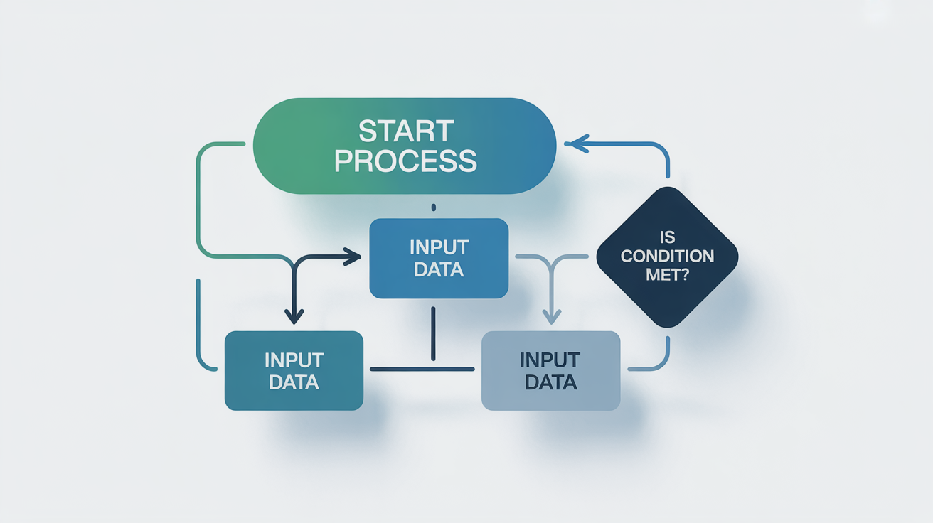 A professionally designed flowchart showing a business process, with blue and teal shapes, clear text, and connecting arrows on a clean white background.