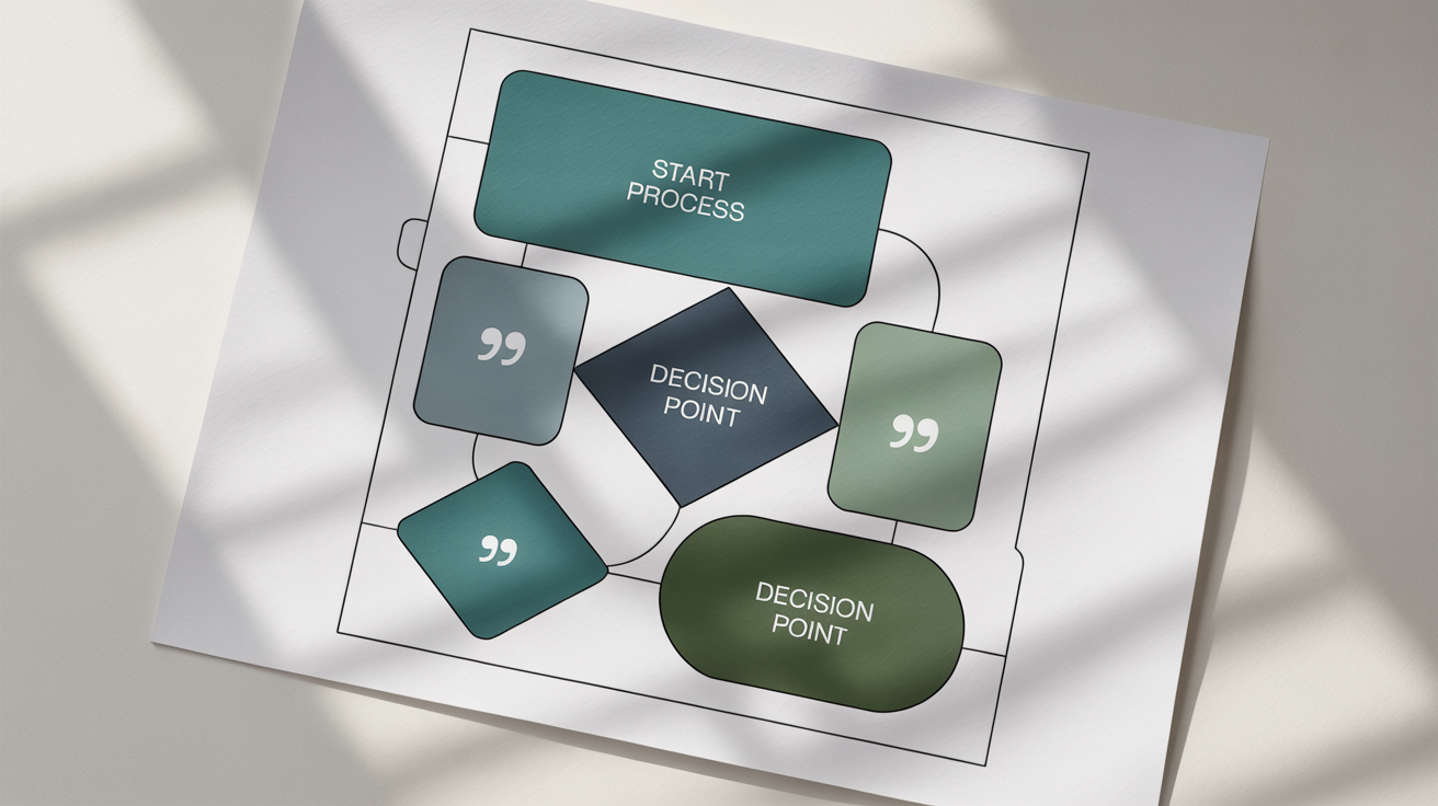 A professionally designed flowchart mockup on a white background, illustrating a business process with various colored shapes, connecting arrows, and placeholder text.