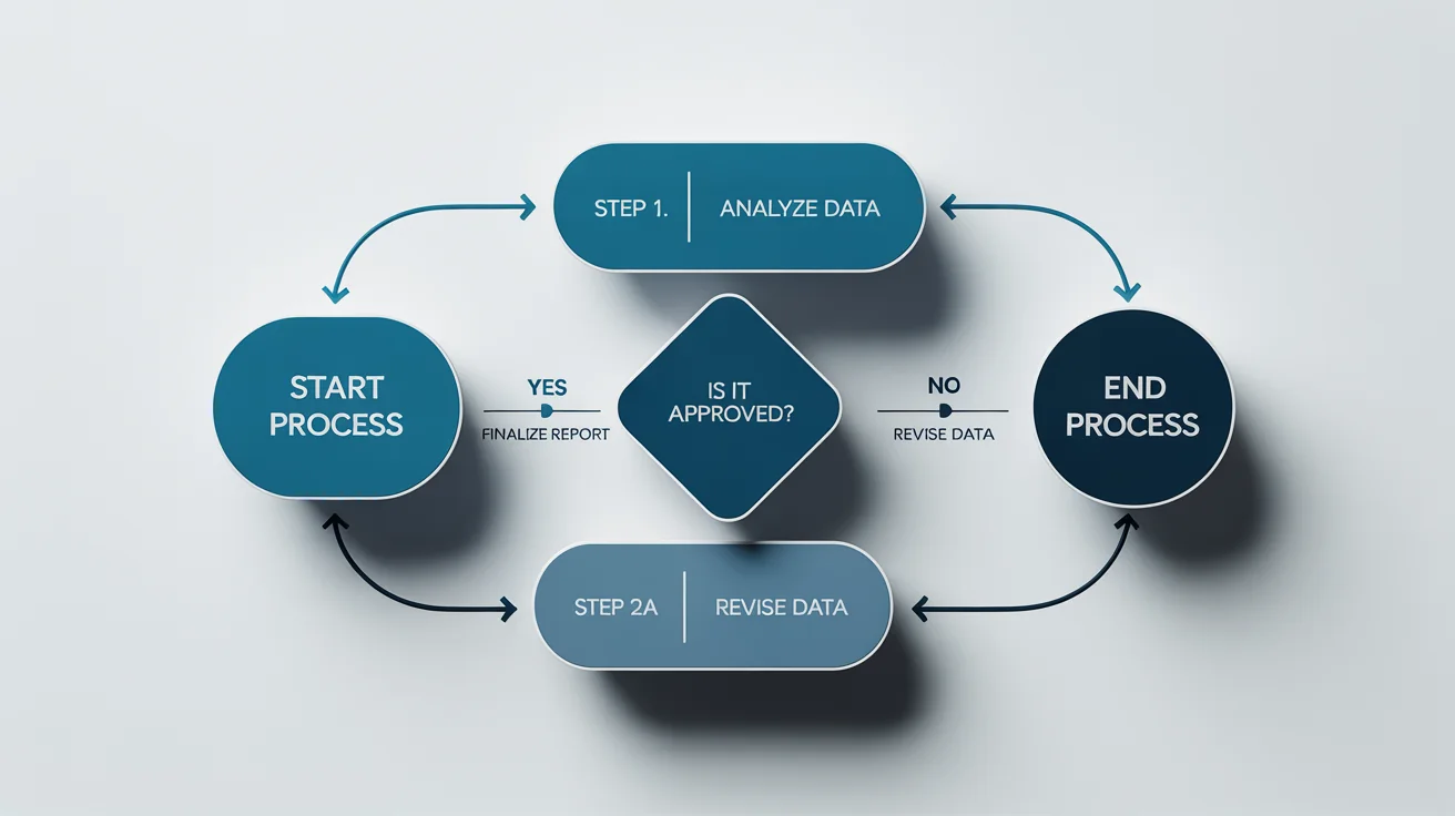 A clean, modern flowchart diagram on a white background, illustrating a business process with interconnected boxes and decision points with placeholder text.