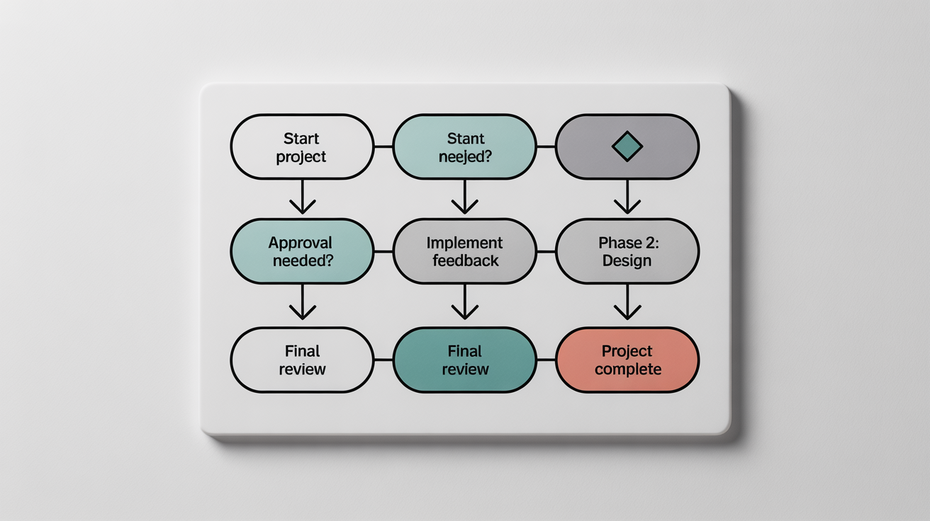 A modern, professionally designed flowchart on a white background, showing a project workflow from 'Start Project' to 'Project Complete' using blue and gray shapes and connecting arrows.