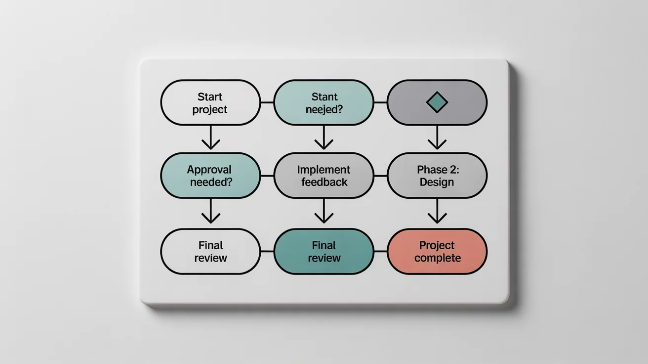 A modern, professionally designed flowchart on a white background, showing a project workflow from 'Start Project' to 'Project Complete' using blue and gray shapes and connecting arrows.