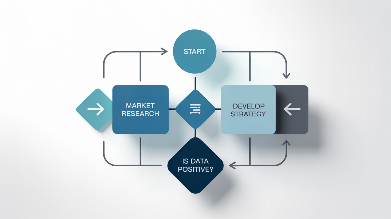 A professional flowchart mockup on a white background, featuring blue and teal shapes with labels like 'Start' and 'Market Research' connected by arrows.
