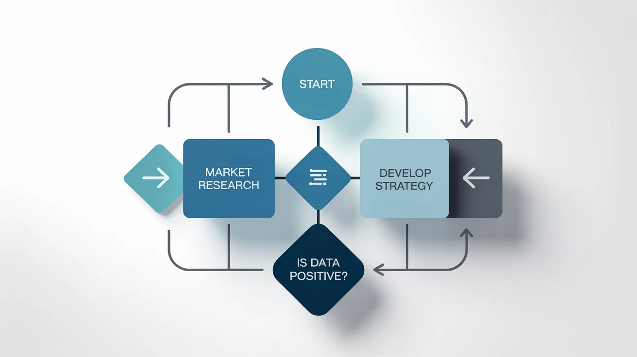 A professional flowchart mockup on a white background, featuring blue and teal shapes with labels like 'Start' and 'Market Research' connected by arrows.