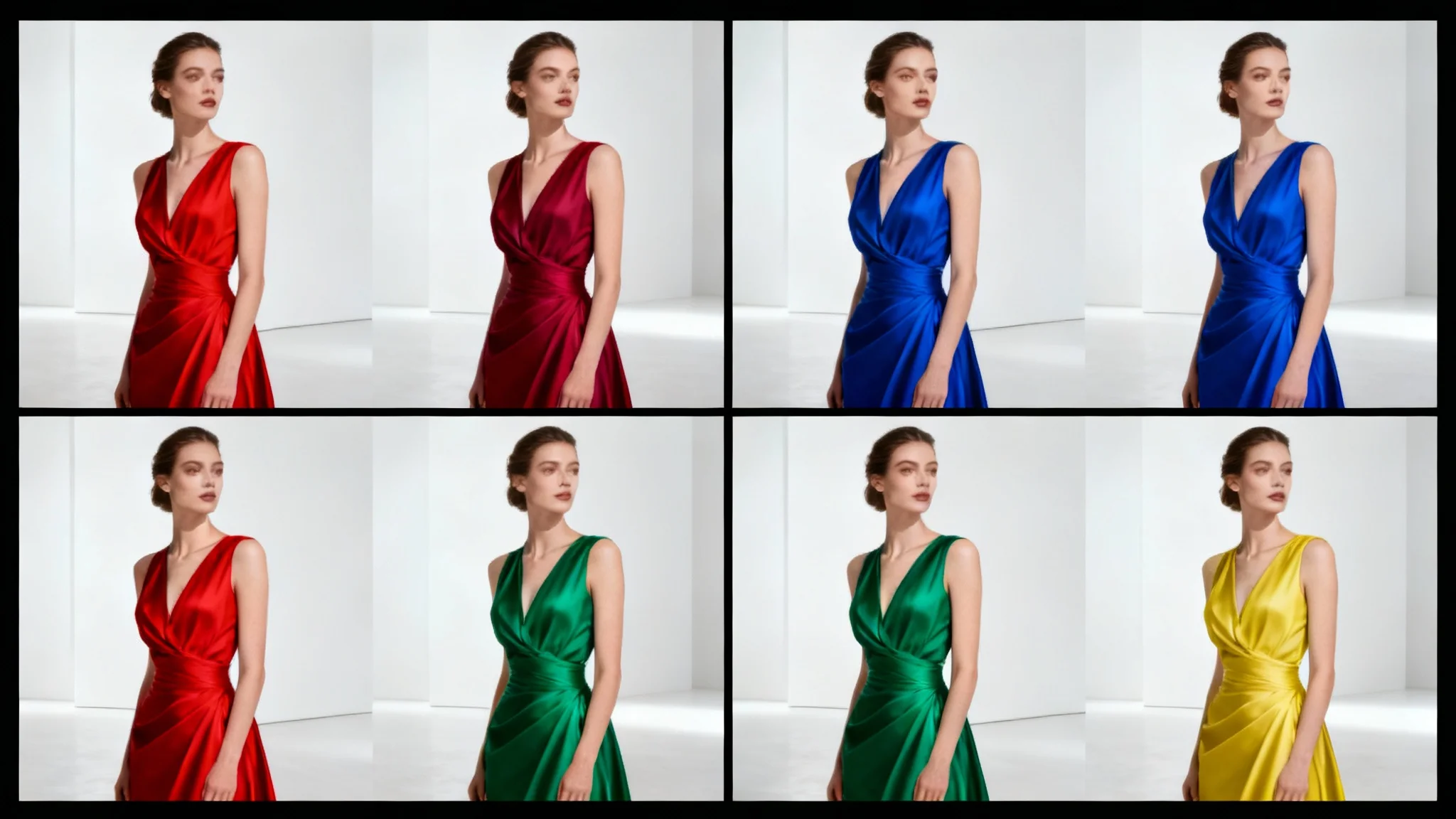 A 2x2 grid showing four versions of the same photo of a woman, demonstrating an image recoloring tool. In each version, her dress is a different vibrant color: red, blue, green, and yellow.