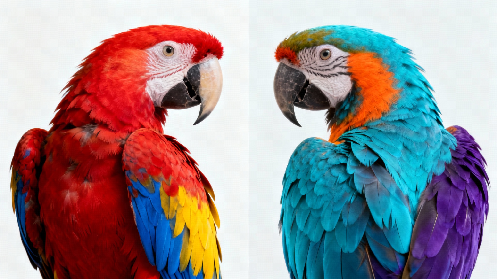 A hyper-realistic image of a parrot split in two, with one side showing its natural vibrant colors and the other side showing surreal, inverted colors, demonstrating a recoloring effect.