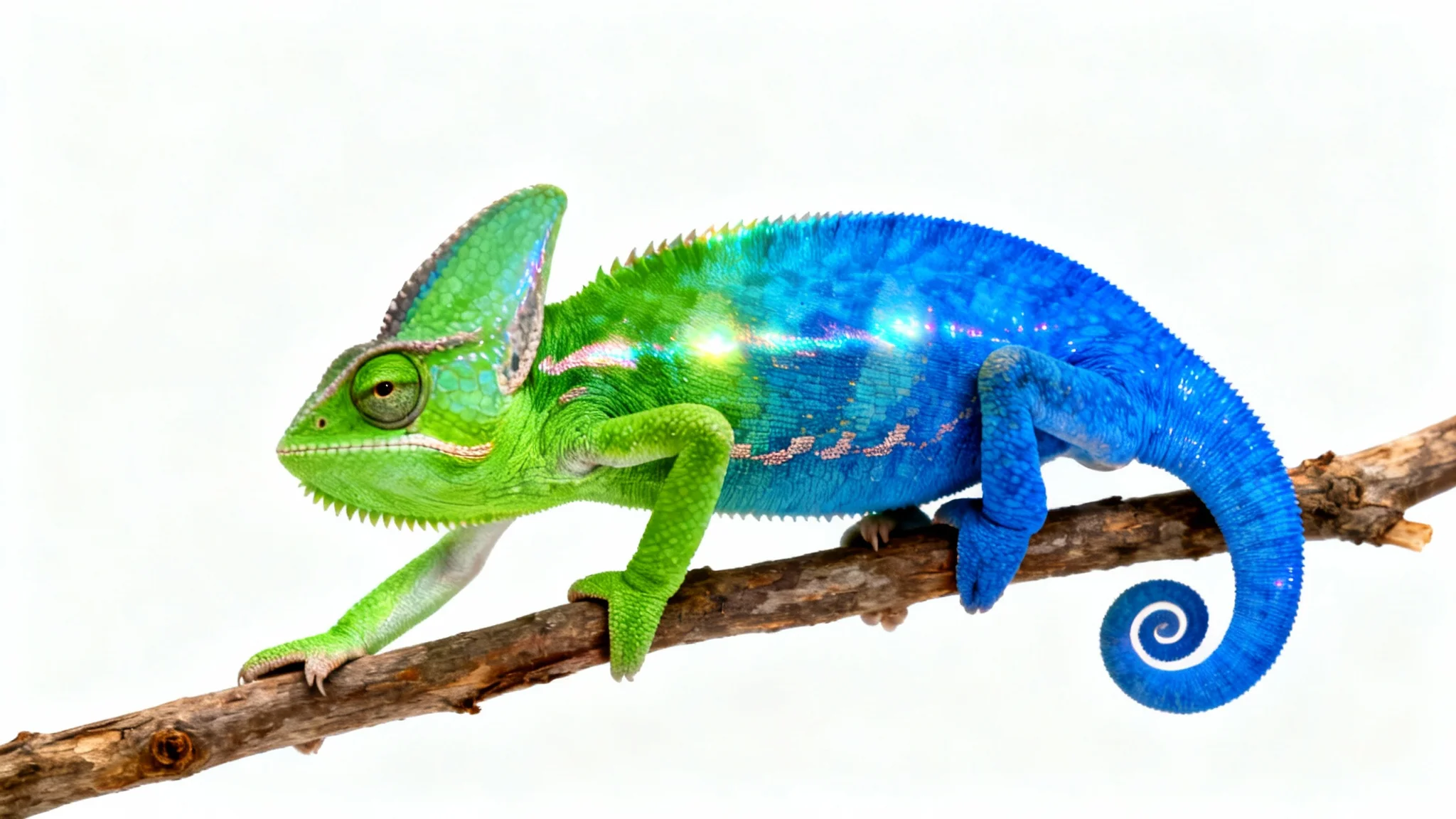 A realistic chameleon on a branch against a white background, its skin color is transitioning from green on its front to blue on its back, illustrating a recoloring effect.