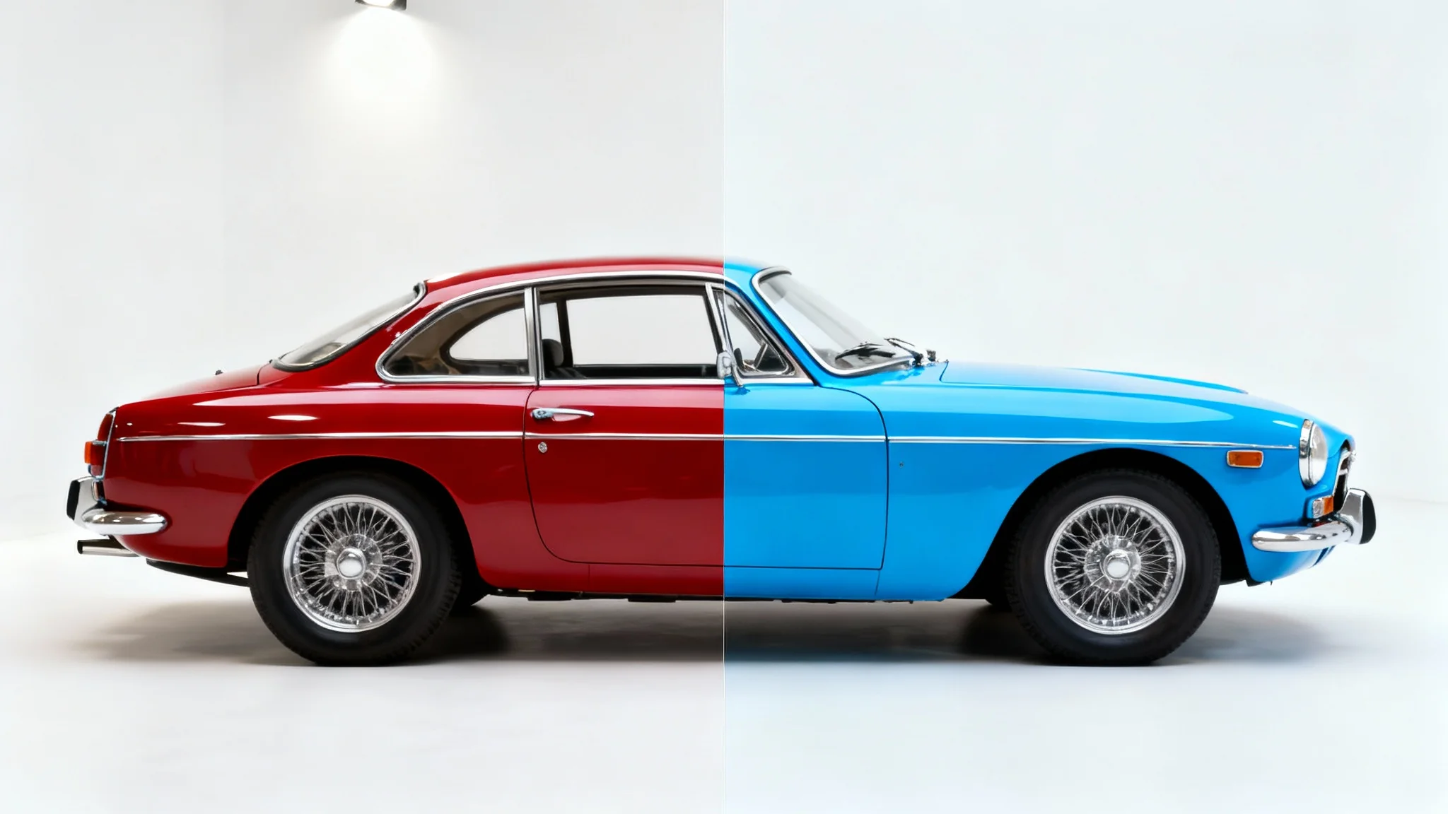 A before-and-after image demonstrating a recoloring effect. The left side shows a vintage red sports car, and the right side shows the exact same car digitally recolored to be electric blue, all against a clean white background.
