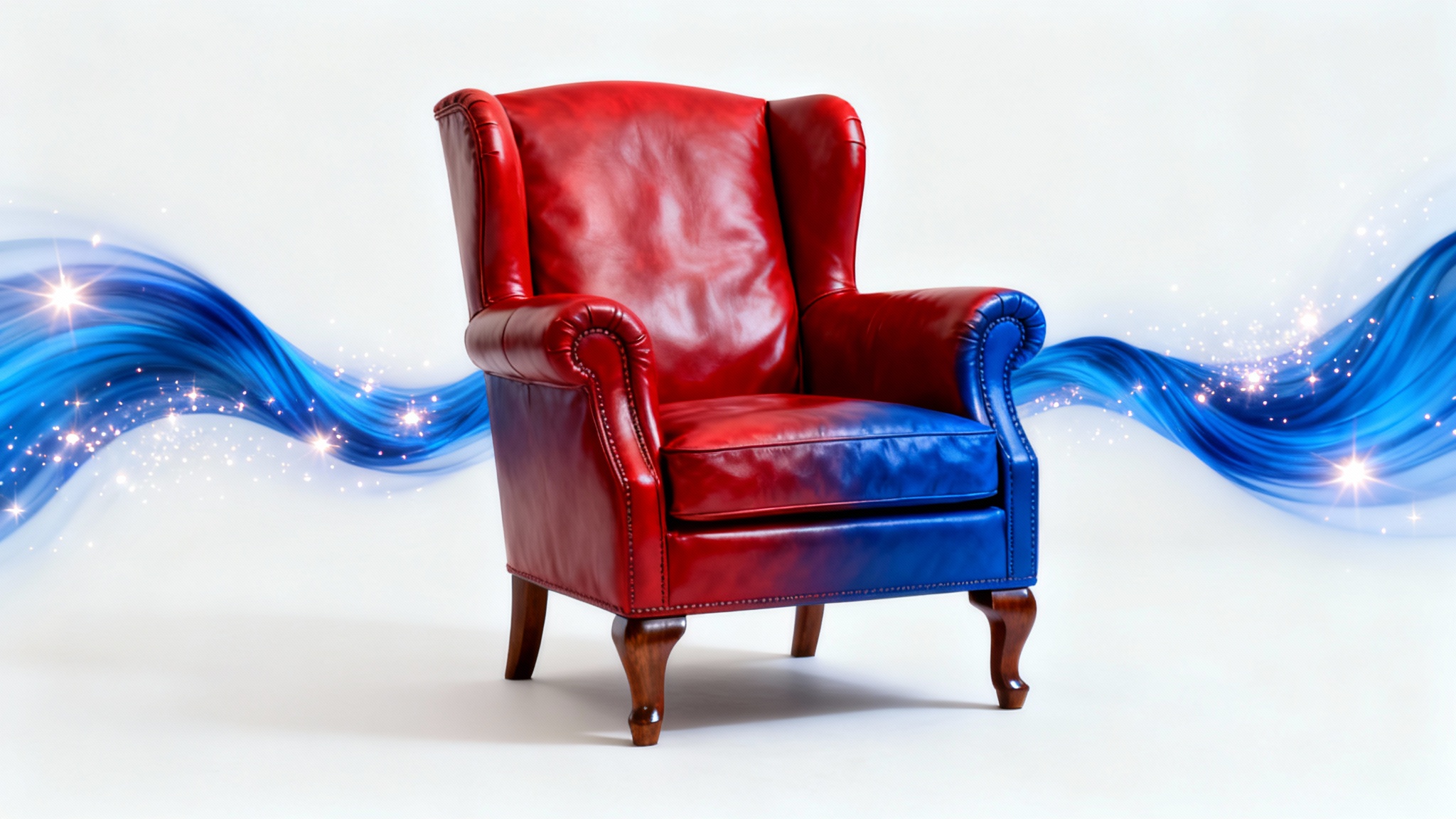 A photorealistic image of a classic red leather armchair on a white background being magically recolored into a deep blue, with the color change happening from left to right.