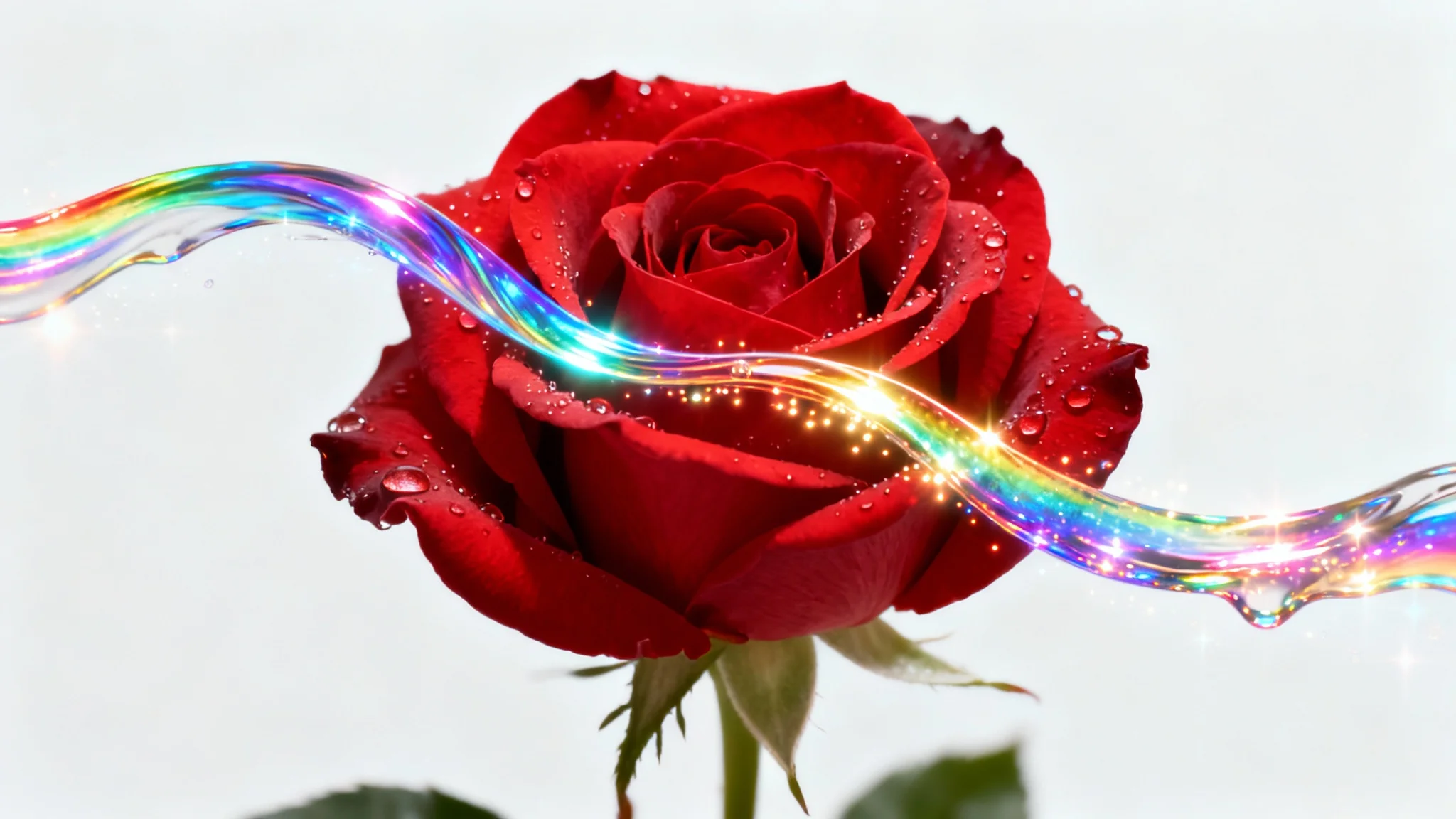 A perfect red rose is being magically transformed by a wave of rainbow colors, illustrating an image recoloring feature, set against a stark white background.