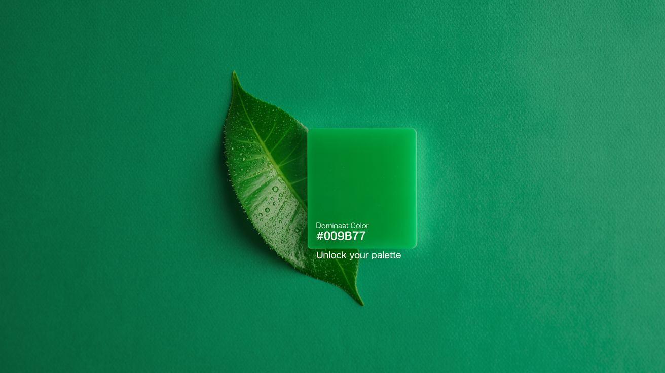 A demonstration of a color extraction tool. The image shows a photo of a lush green leaf on the left and a large color swatch of the extracted emerald green with its hex code '#009B77' on the right.
