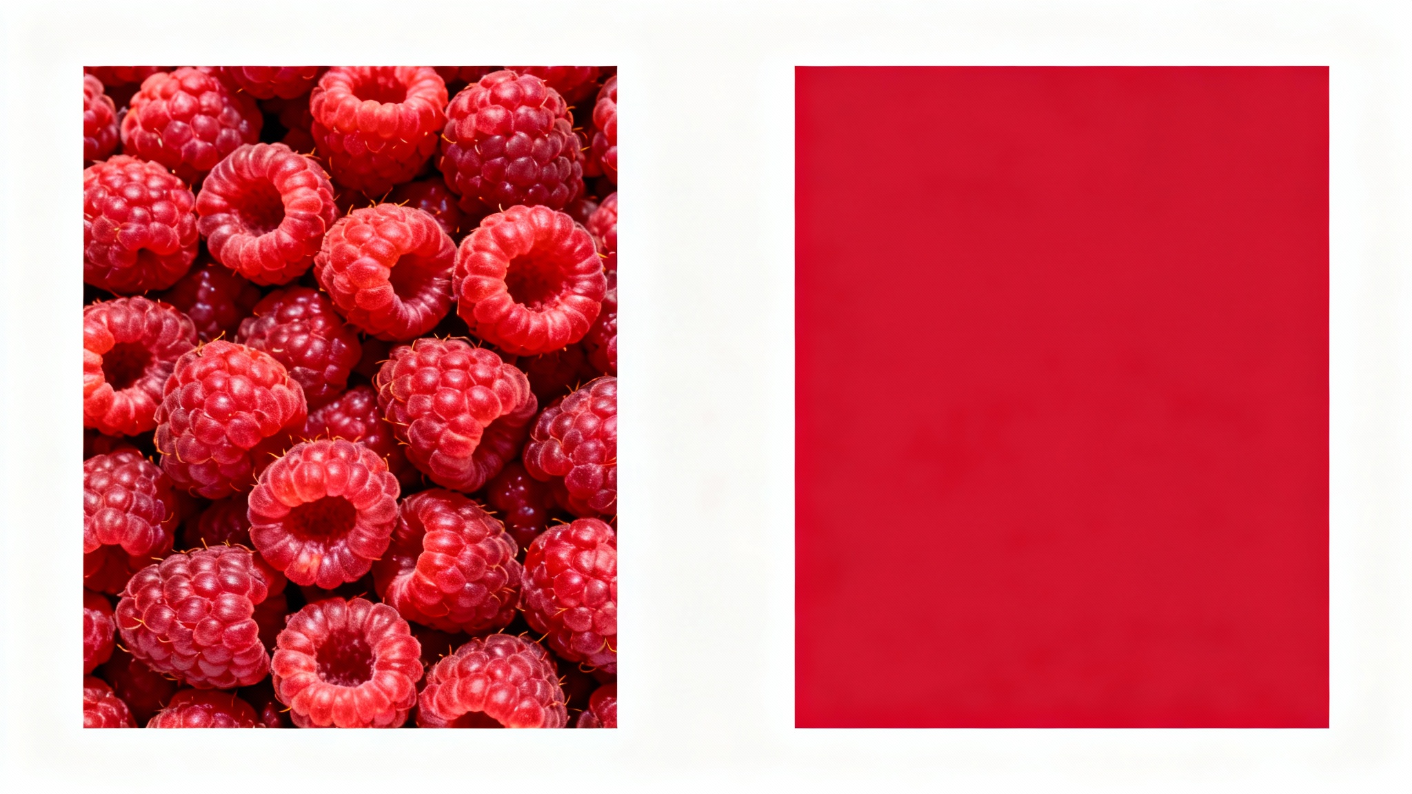 A split image demonstrating color extraction: the left side shows a photorealistic image of red raspberries, and the right side is a solid block of the raspberries' dominant red color.