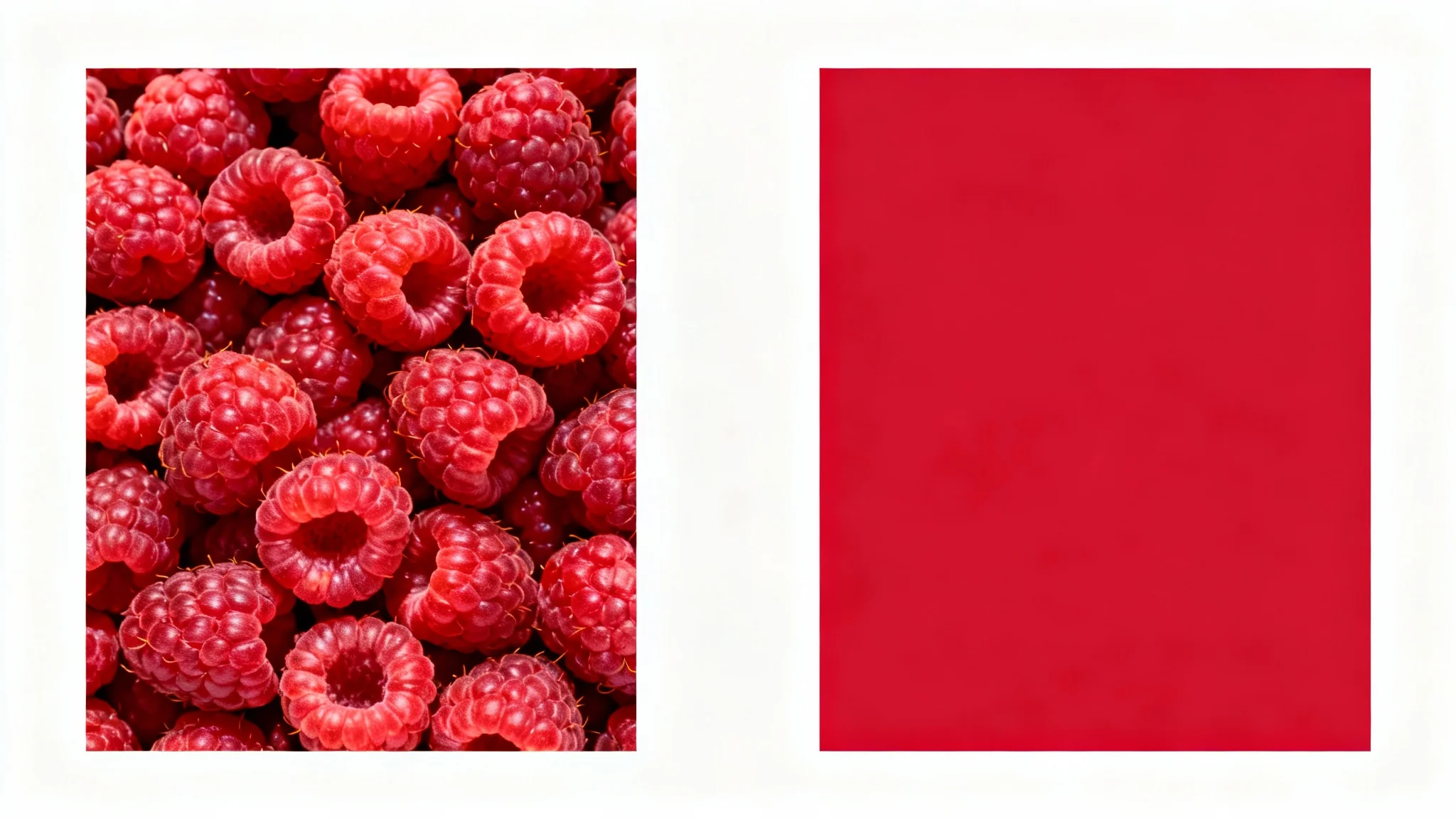 A split image demonstrating color extraction: the left side shows a photorealistic image of red raspberries, and the right side is a solid block of the raspberries' dominant red color.