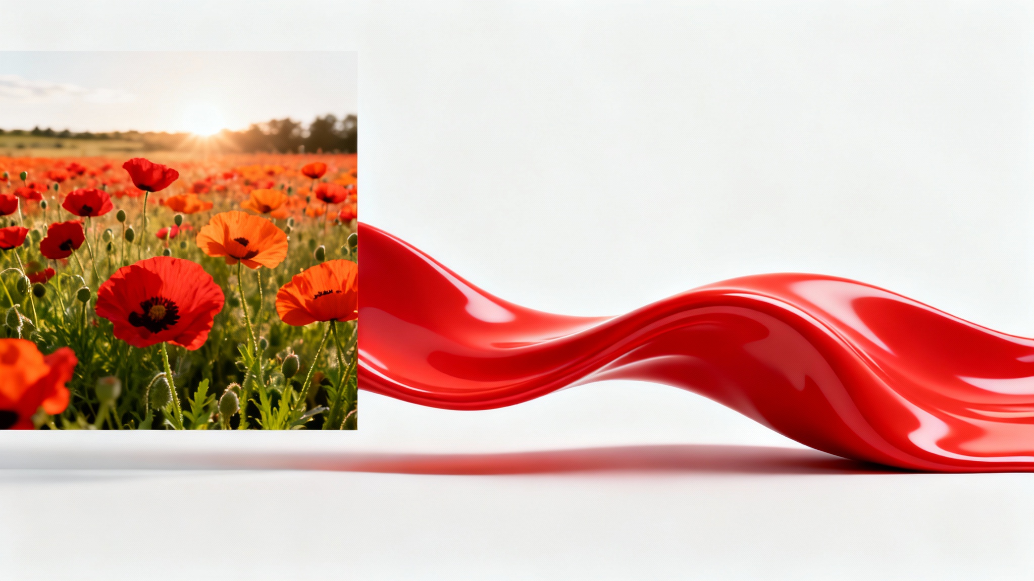 A conceptual image showing a photograph of a poppy field on the left, with a large, smooth wave of pure red color flowing out of it to the right, all on a clean white background, illustrating the extraction of the dominant color.