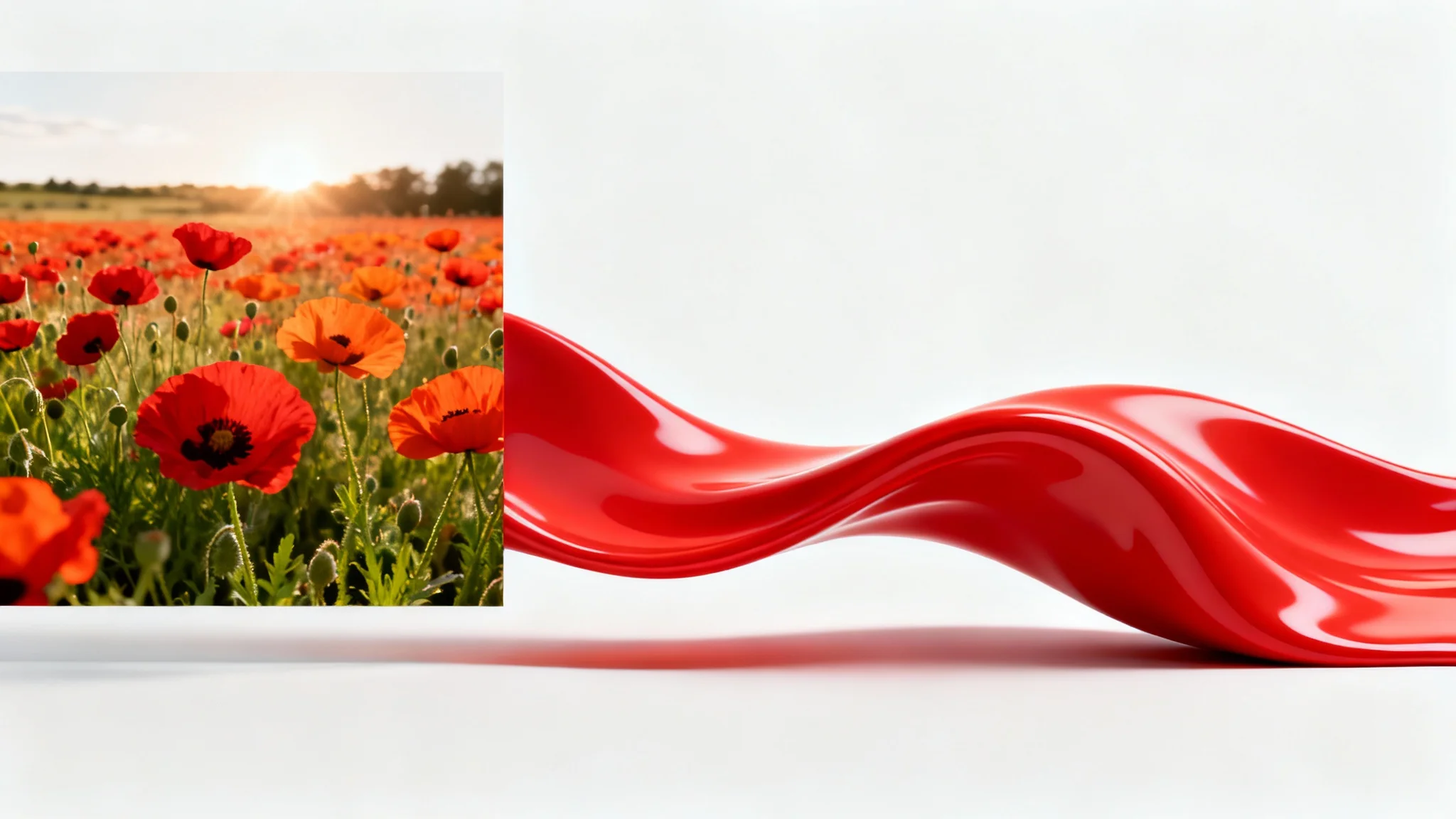 A conceptual image showing a photograph of a poppy field on the left, with a large, smooth wave of pure red color flowing out of it to the right, all on a clean white background, illustrating the extraction of the dominant color.