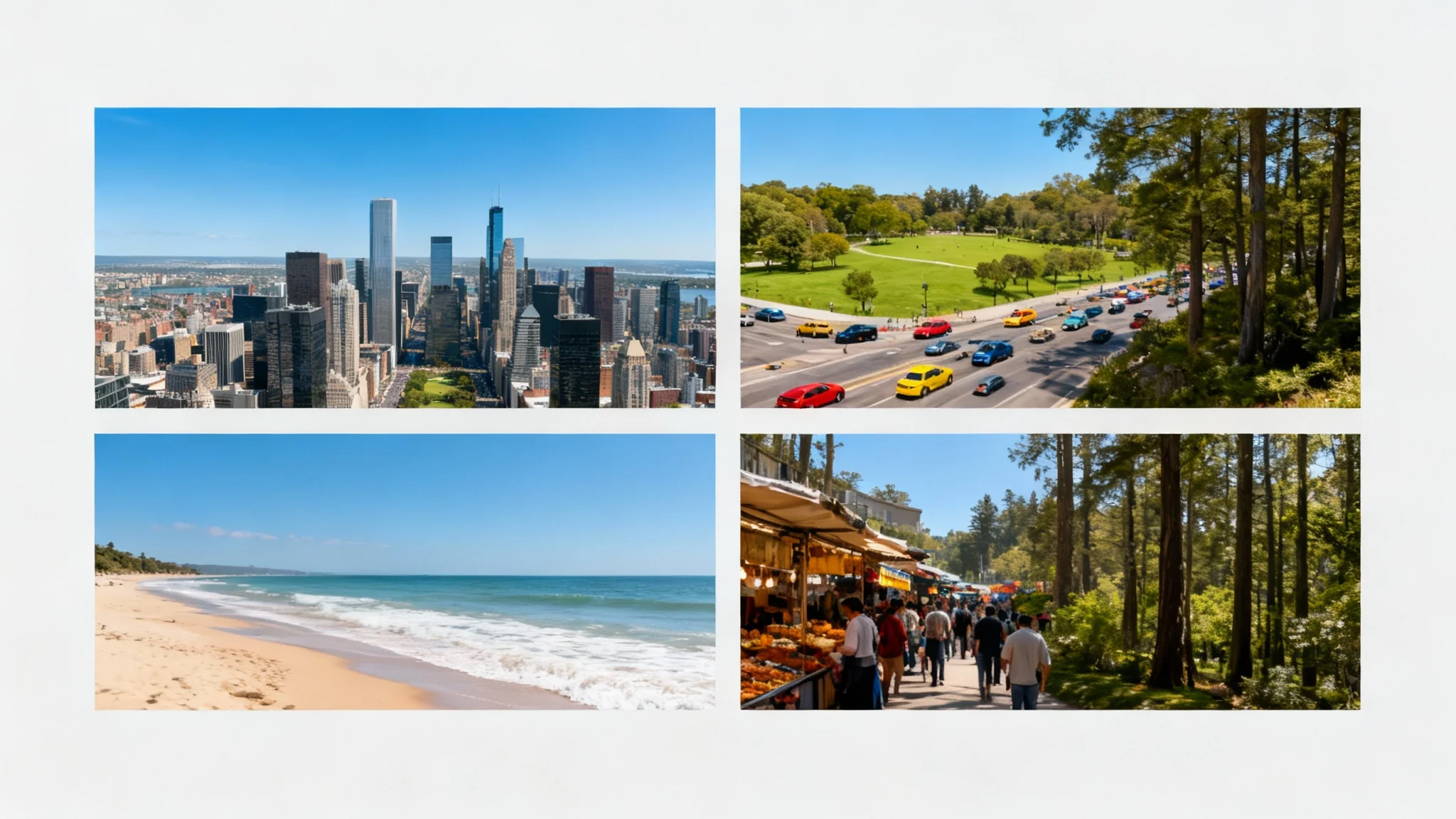 A grid of four diverse photos (city, beach, market, forest) all cropped perfectly into squares, demonstrating the result of a batch image cropping tool.